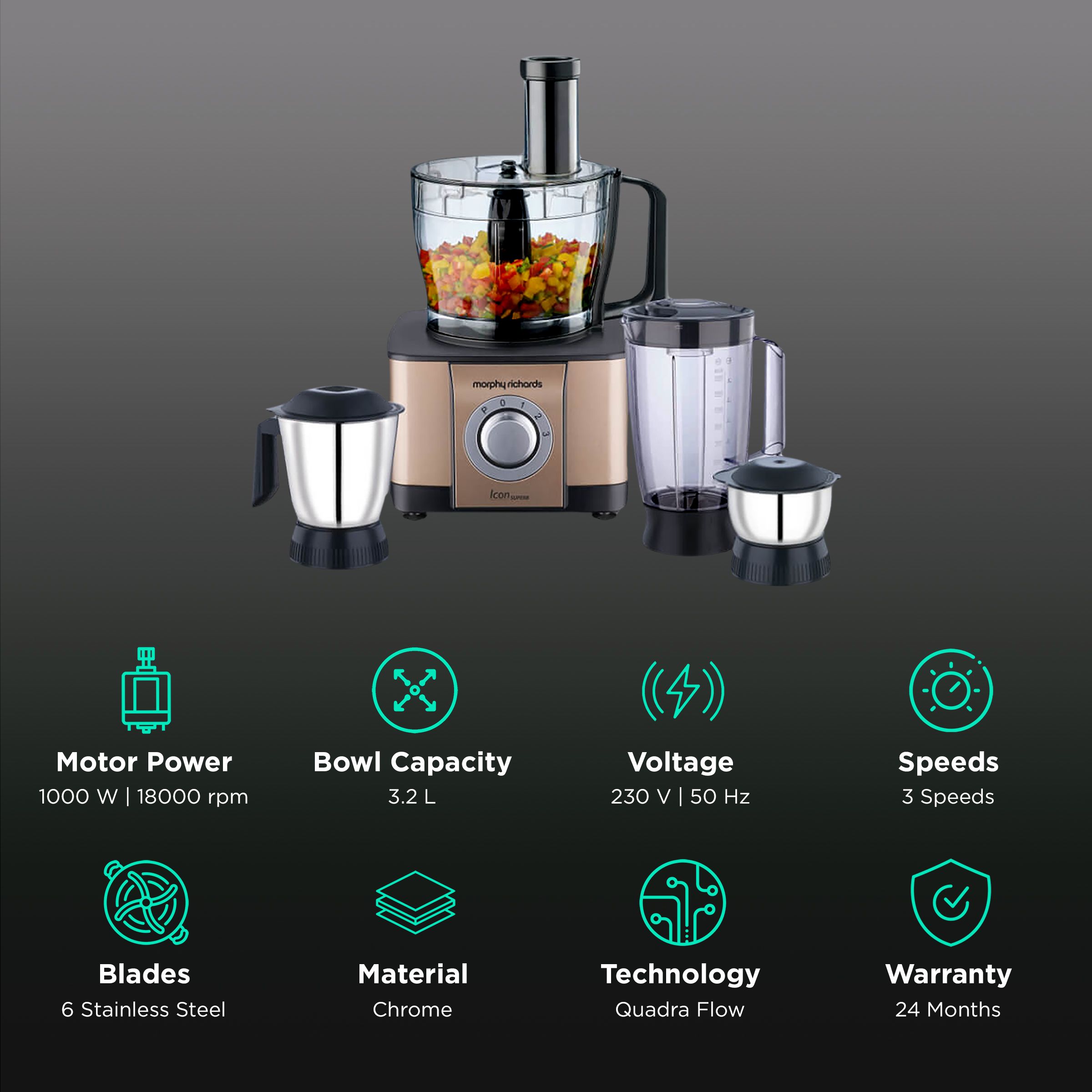 morphy richards Icon Superb 1000 Watt Food Processor with 6 Blades (Glazing Copper Gold) morphy richards Icon Superb 1000 Watt Food Processor with 6 Blades (Glazing Copper Gold)_2
