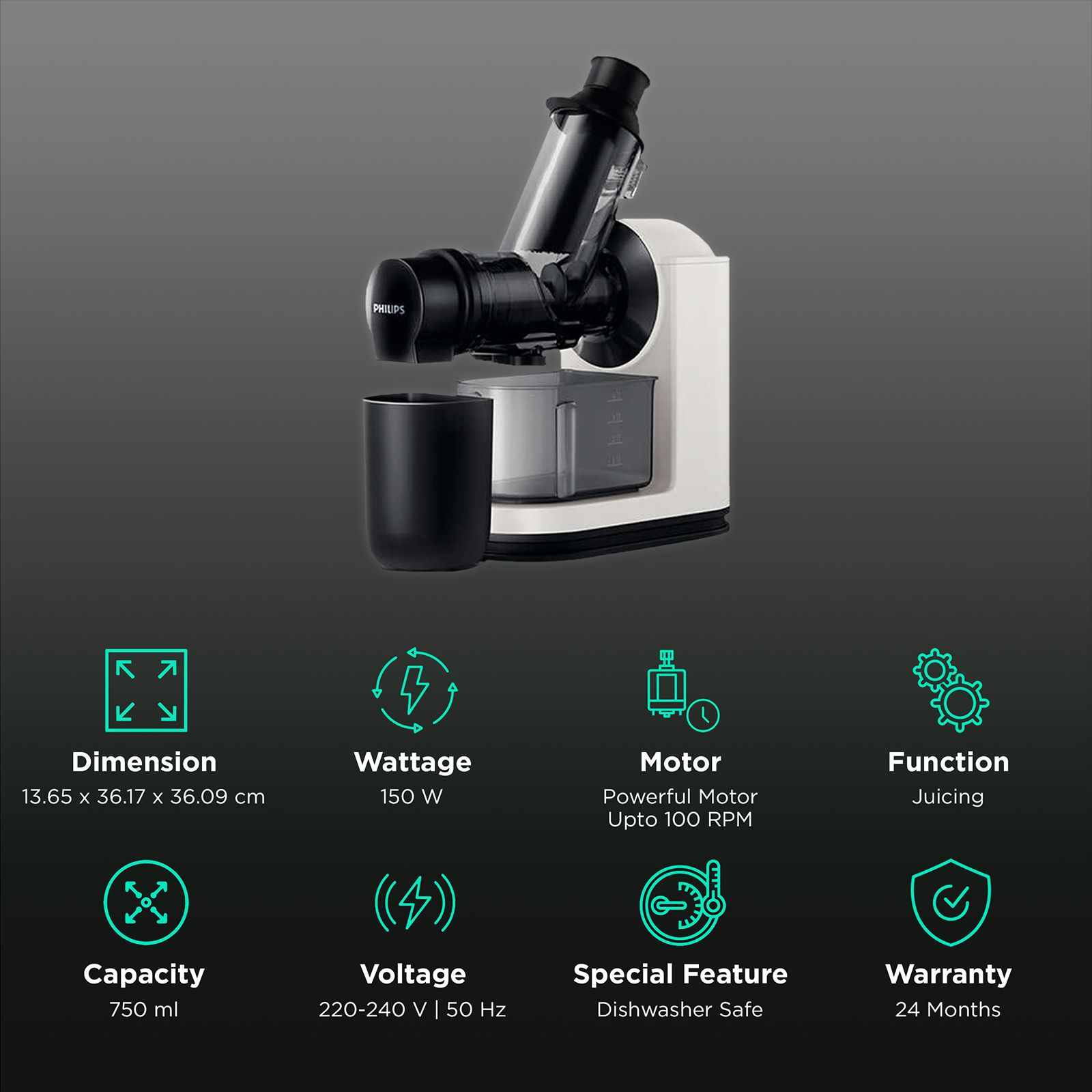 PHILIPS Viva Collection 150 Watt 1 Jar Masticating Juicer (100 RPM, QuickClean Technology, Black/White) PHILIPS Viva Collection 150 Watt 1 Jar Masticating Juicer (100 RPM, QuickClean Technology, Black/White)_2