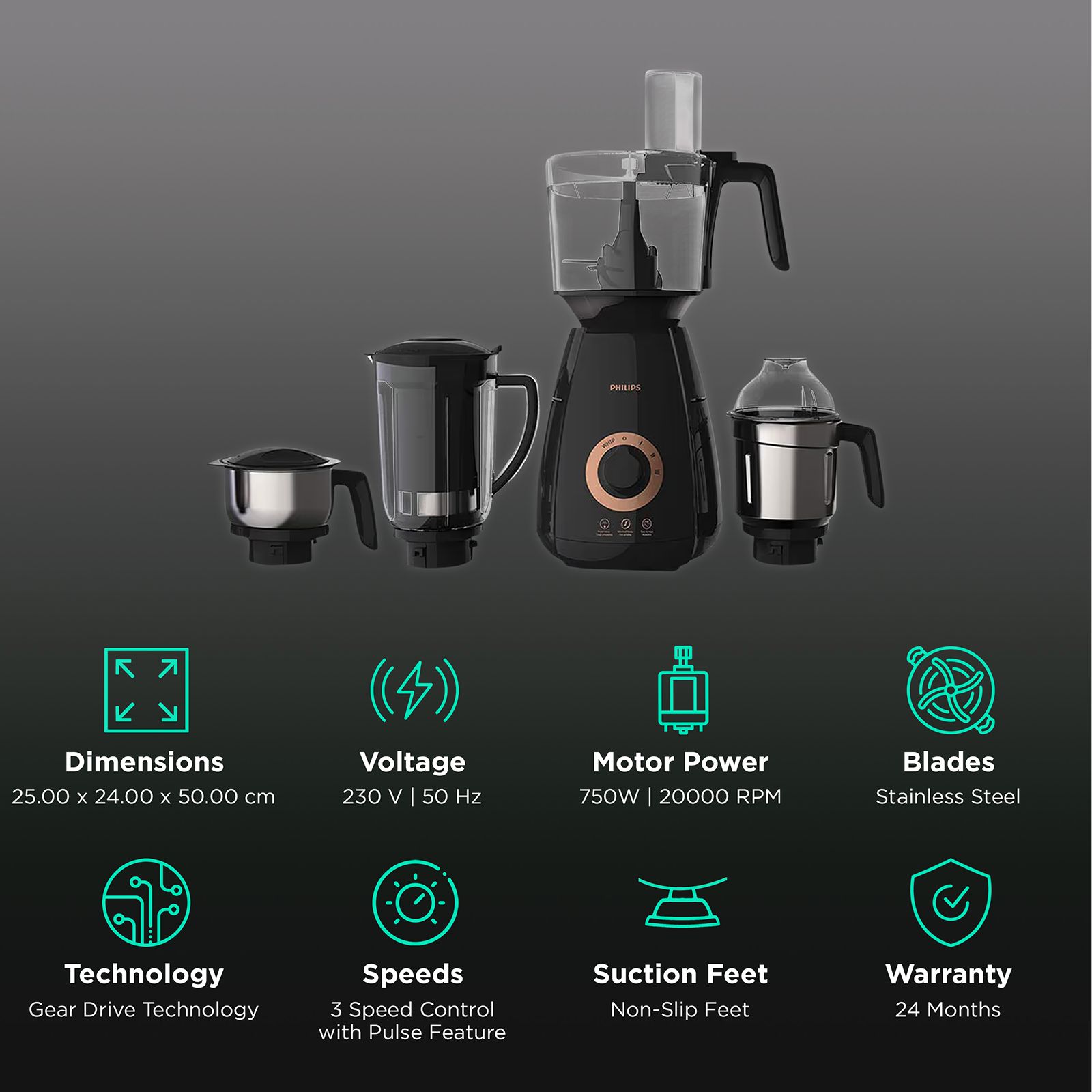 PHILIPS Avance Collection 750 Watt 4 Jars Mixer Grinder (20000 RPM, Gear Drive Technology, Black) PHILIPS Avance Collection 750 Watt 4 Jars Mixer Grinder (20000 RPM, Gear Drive Technology, Black)_2