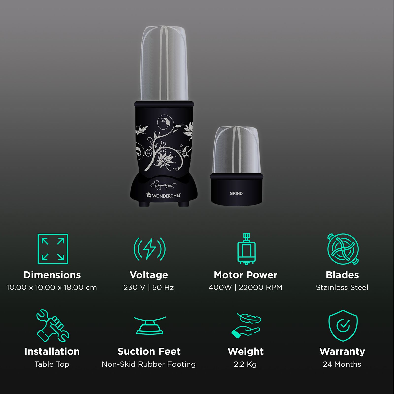 WONDERCHEF Nutri-Blend 400 Watt 2 Jars Mixer Grinder Blender (22000 RPM, Specialised Functions, Black)_2