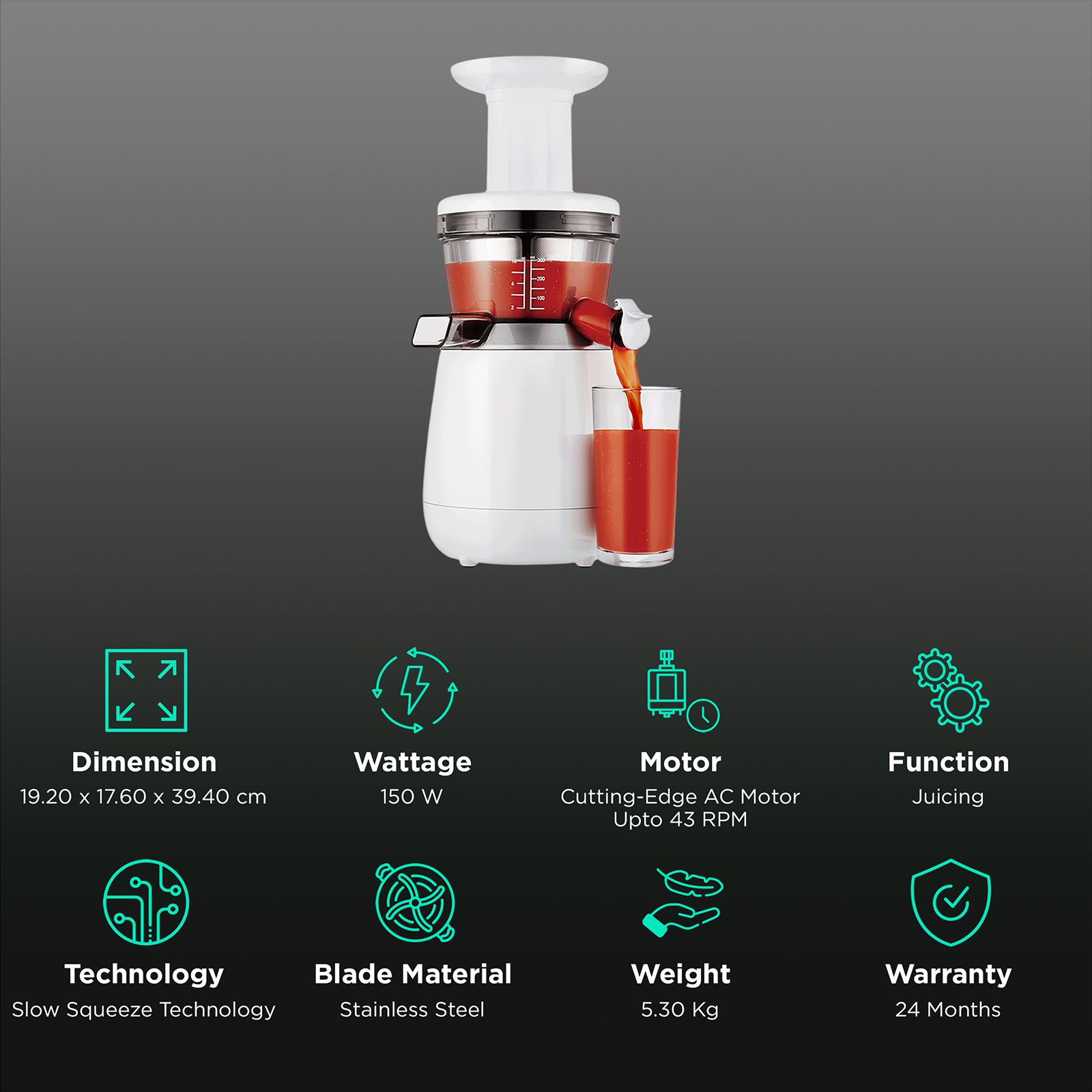 Hurom HP Series 150 Watt Cold Press Slow Juicer (43 RPM, Double-Edged Auger, White) Hurom HP Series 150 Watt Cold Press Slow Juicer (43 RPM, Double-Edged Auger, White)_2