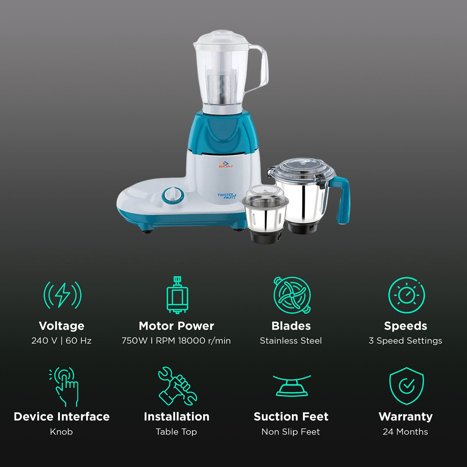 BAJAJ Twister Fruity 750 Watt 3 Jars Mixer Grinder (SS 304 Grade Blades, White and Blue) BAJAJ Twister Fruity 750 Watt 3 Jars Mixer Grinder (SS 304 Grade Blades, White and Blue)_2