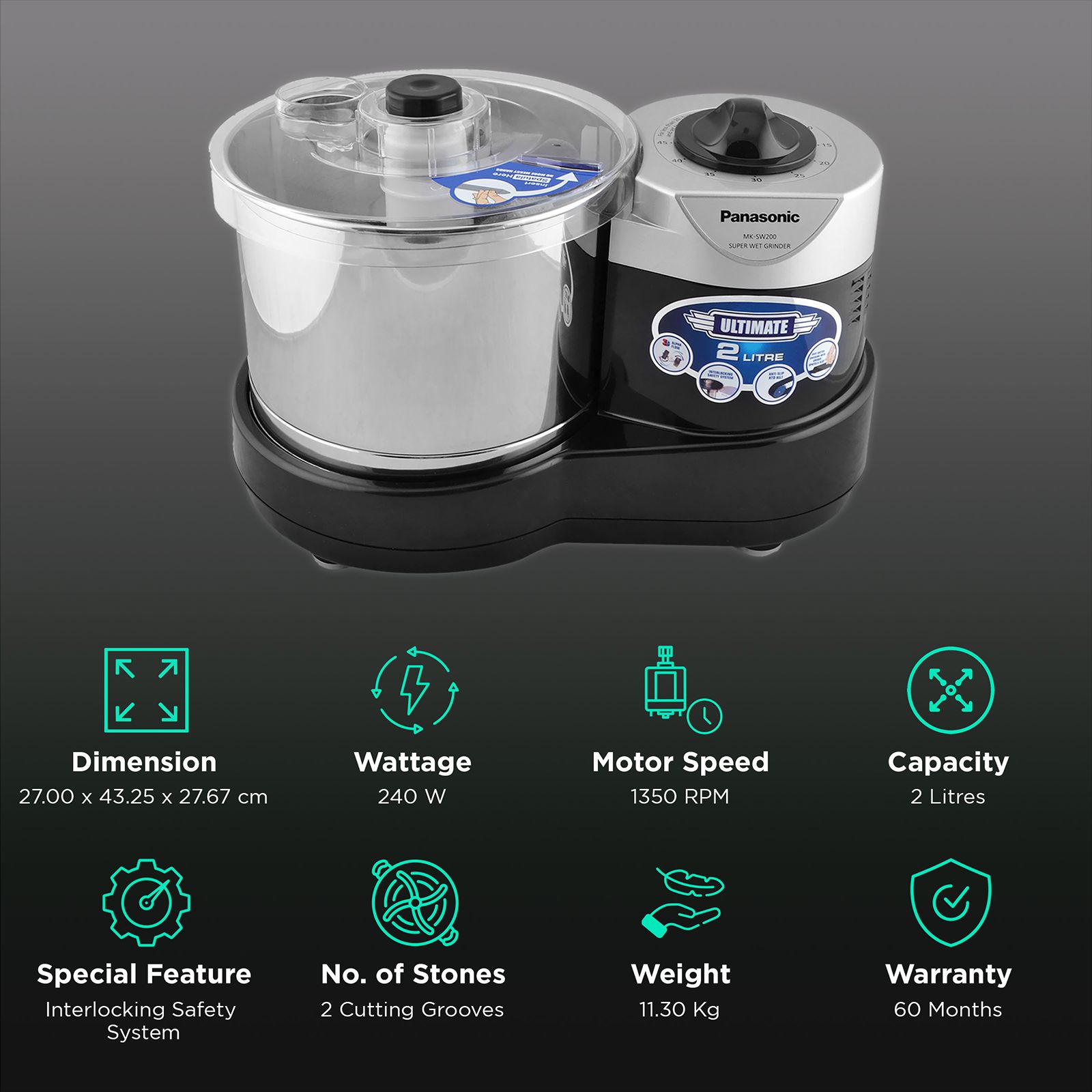 Panasonic Ultimate 2 Litres 2 Stones Wet Grinder (Shock Proof, Black)_2