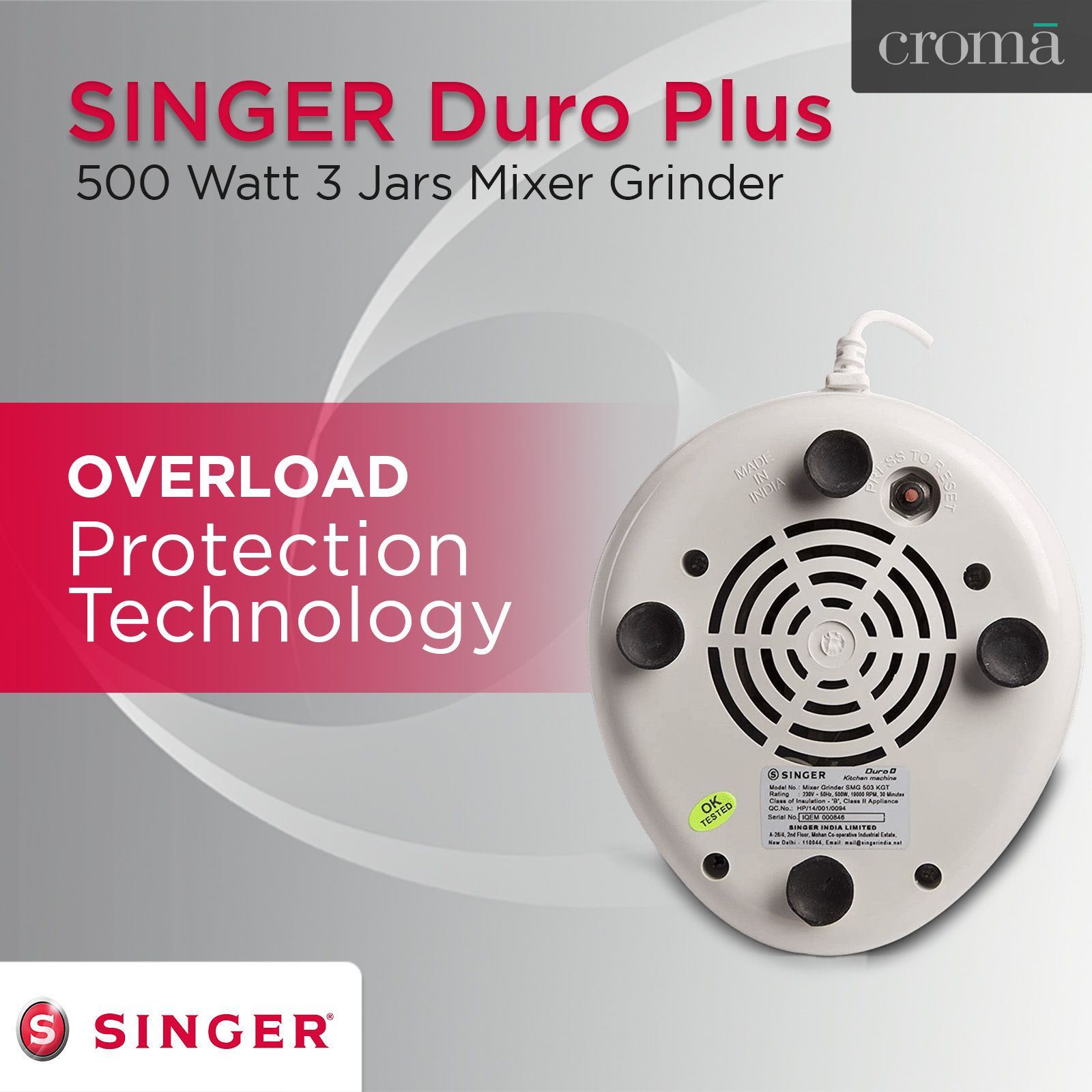 SINGER Duro Plus 500 Watt 3 Jars Mixer Grinder (3 Speed Control with Pulse Function, White)_10