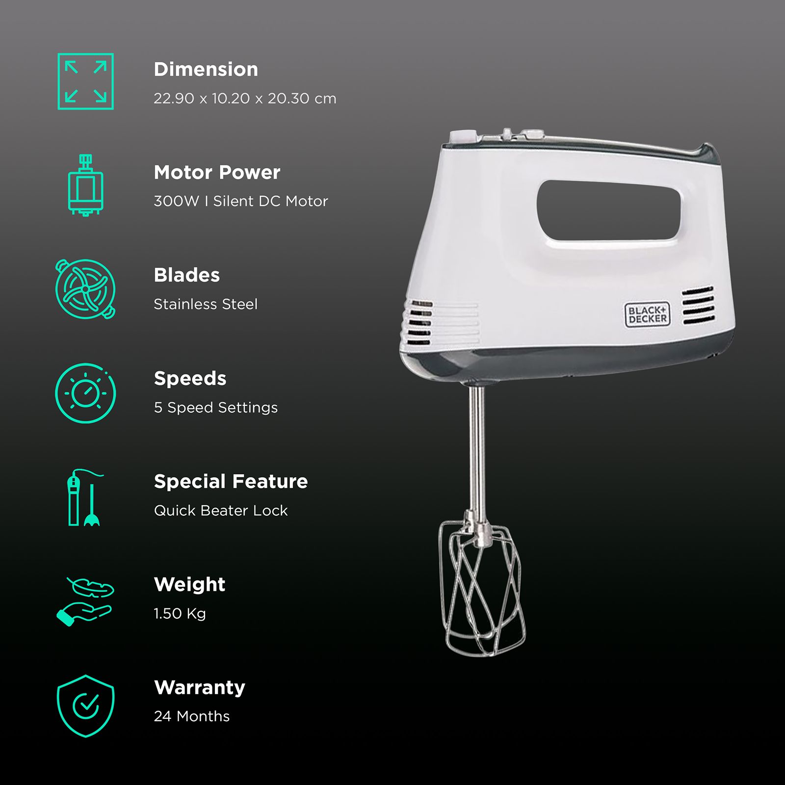 BLACK&DECKER M350 300 Watt 5 Speed Hand Blender with 4 Attachments (Quick Beater Lock, White) BLACK&DECKER M350 300 Watt 5 Speed Hand Blender with 4 Attachments (Quick Beater Lock, White)_2