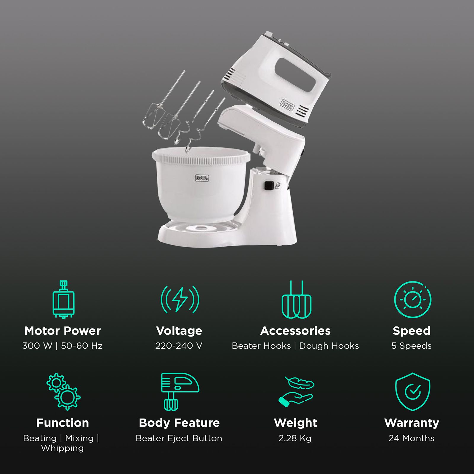 BLACK+DECKER M700 300 Watt 5 Speed Stand Mixer (Single Motor, White)_2