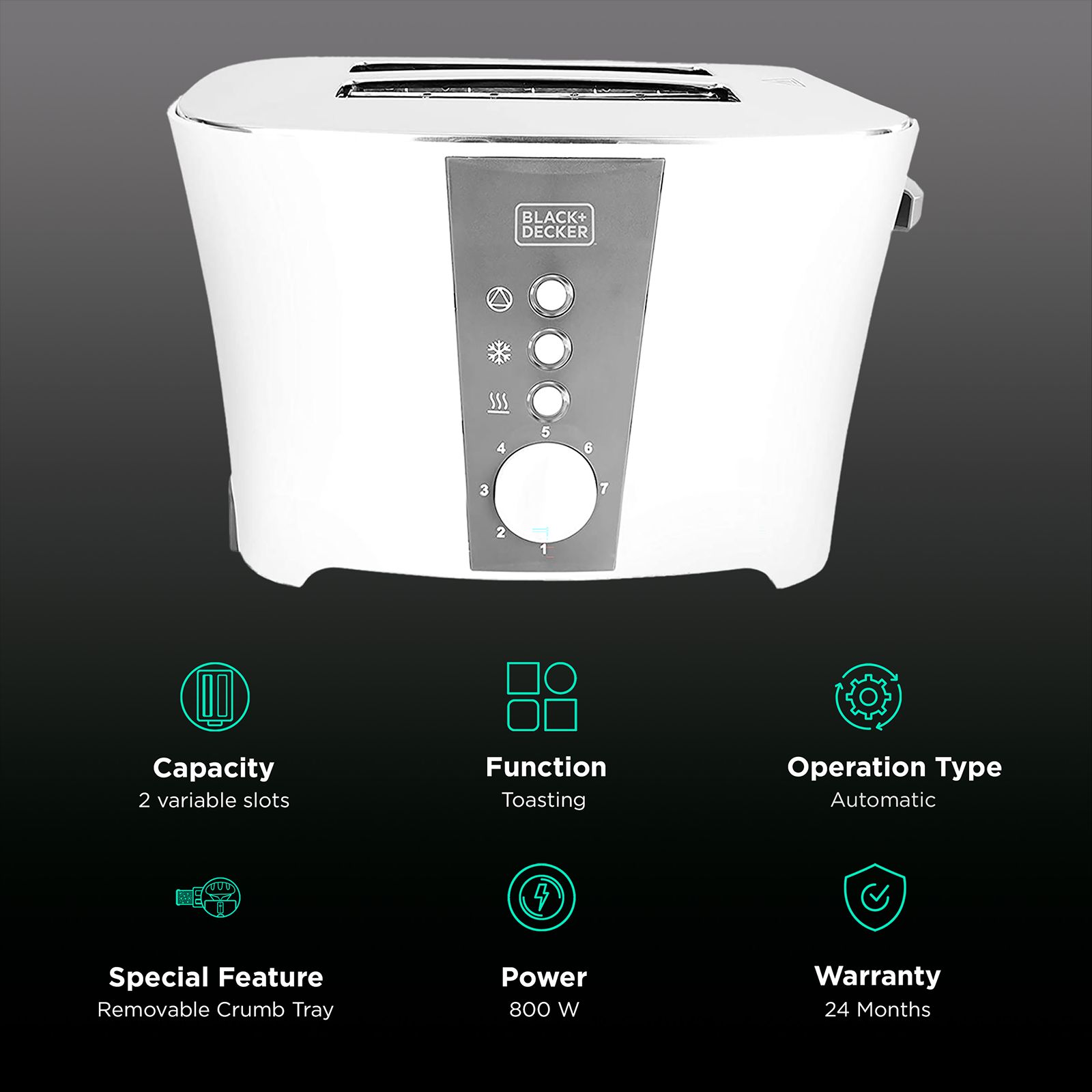 BLACK+DECKER ET122 800W 2 Slice Pop-Up Toaster with Removable Crumb Tray (White)_3