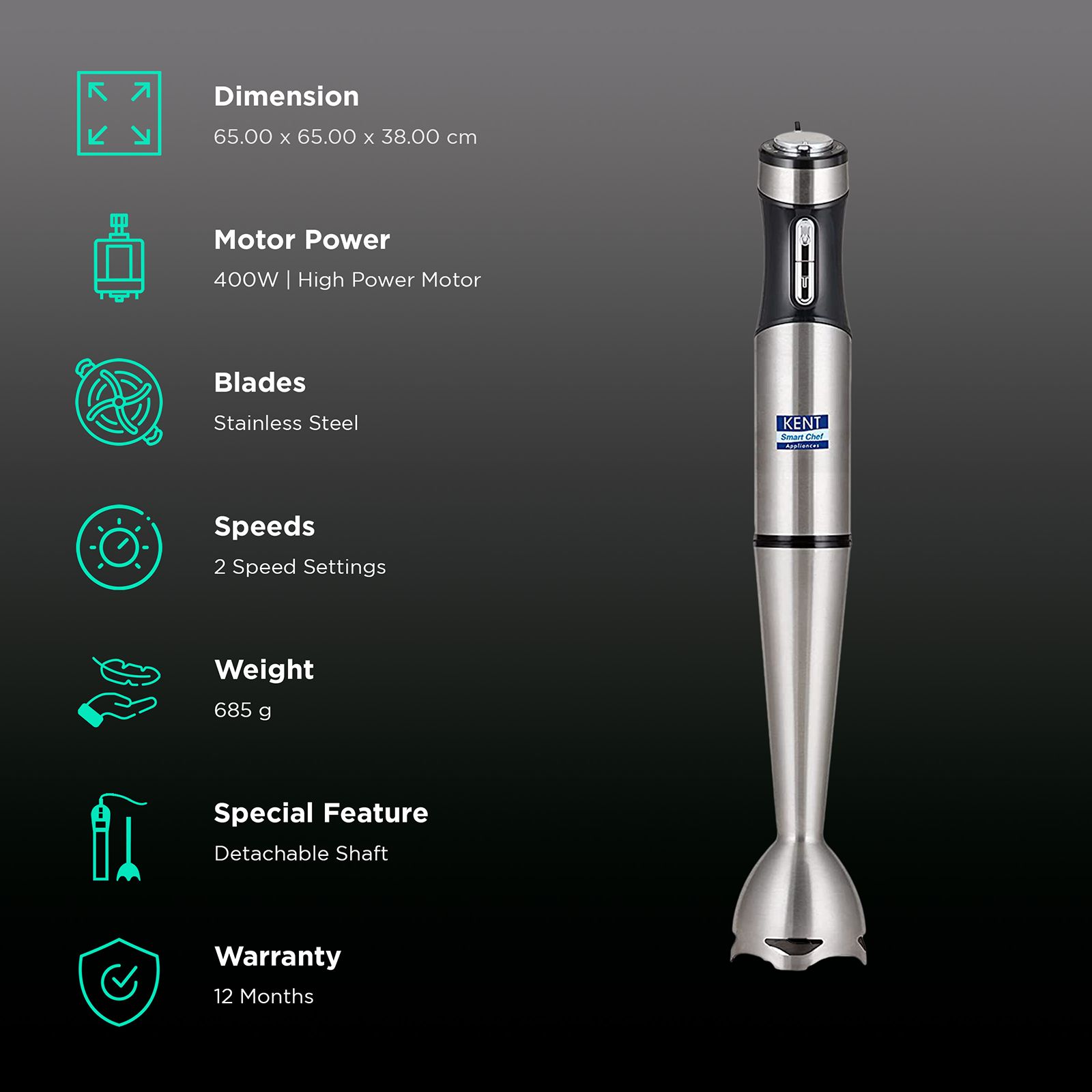 KENT 400 Watt 3 Speed Hand Blender (Low Noise Operation, Silver) KENT 400 Watt 3 Speed Hand Blender (Low Noise Operation, Silver)_2