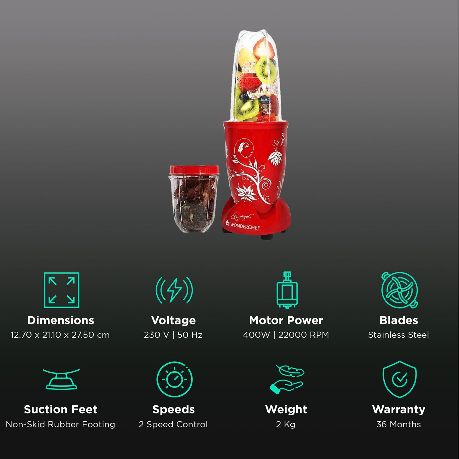 WONDERCHEF Nutri-Blend 400 Watt 2 Jars Mixer Grinder Blender (22000 RPM, All-In-One System, Red)_2