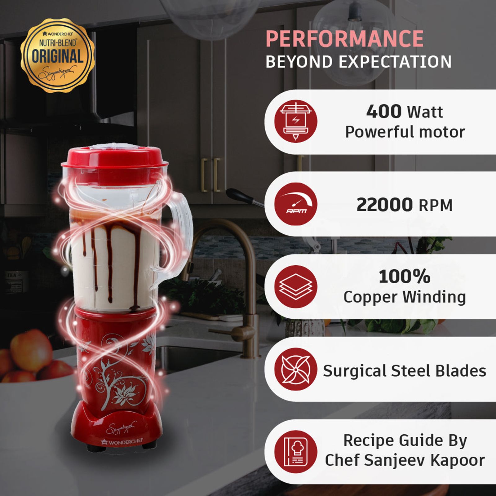 WONDERCHEF Nutri-Blend 400 Watt 3 Jars Mixer Grinder Blender (22000 RPM, Anti-Rust Blades, Red)_13