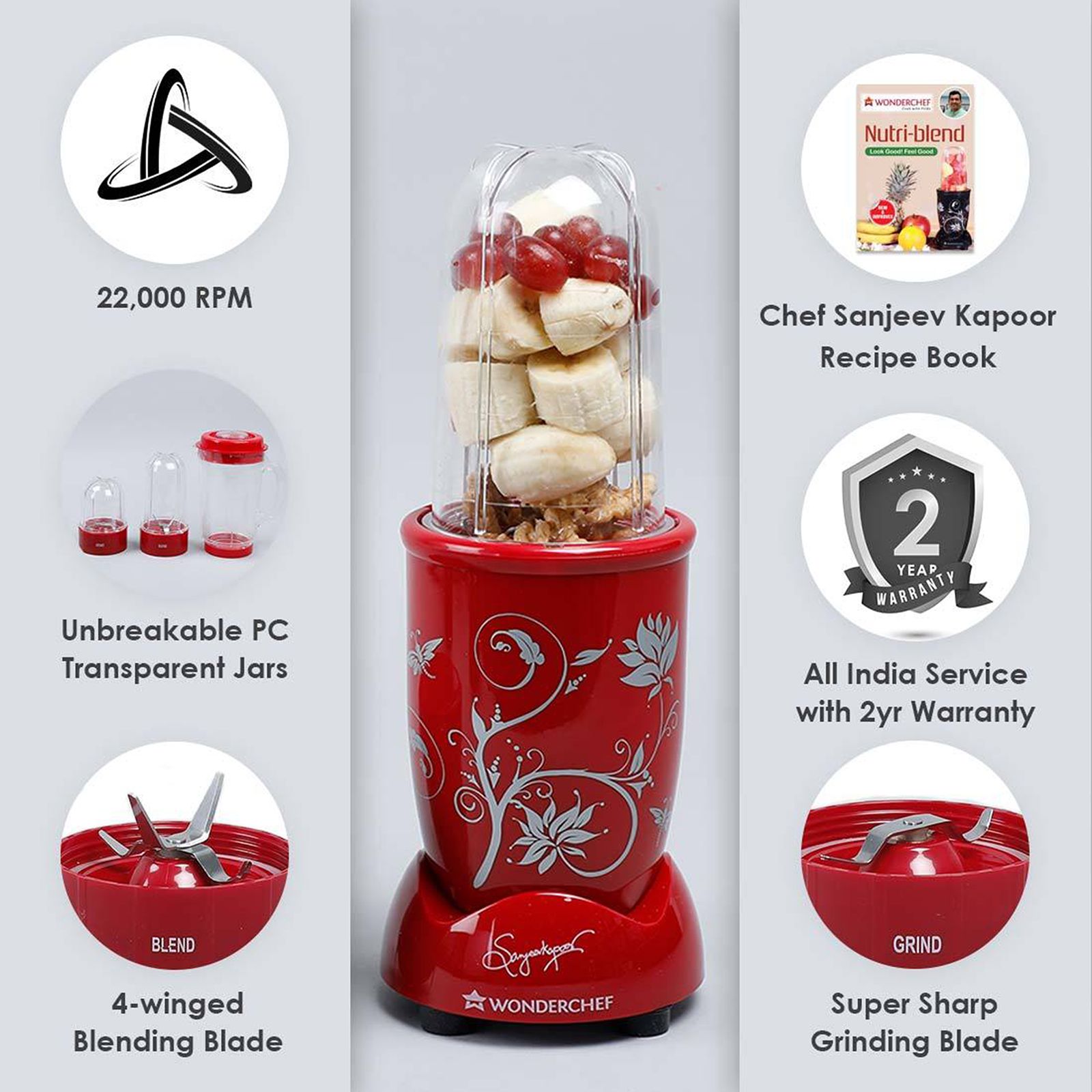 WONDERCHEF Nutri-Blend 400 Watt 3 Jars Mixer Grinder Blender (22000 RPM, Anti-Rust Blades, Red)_16