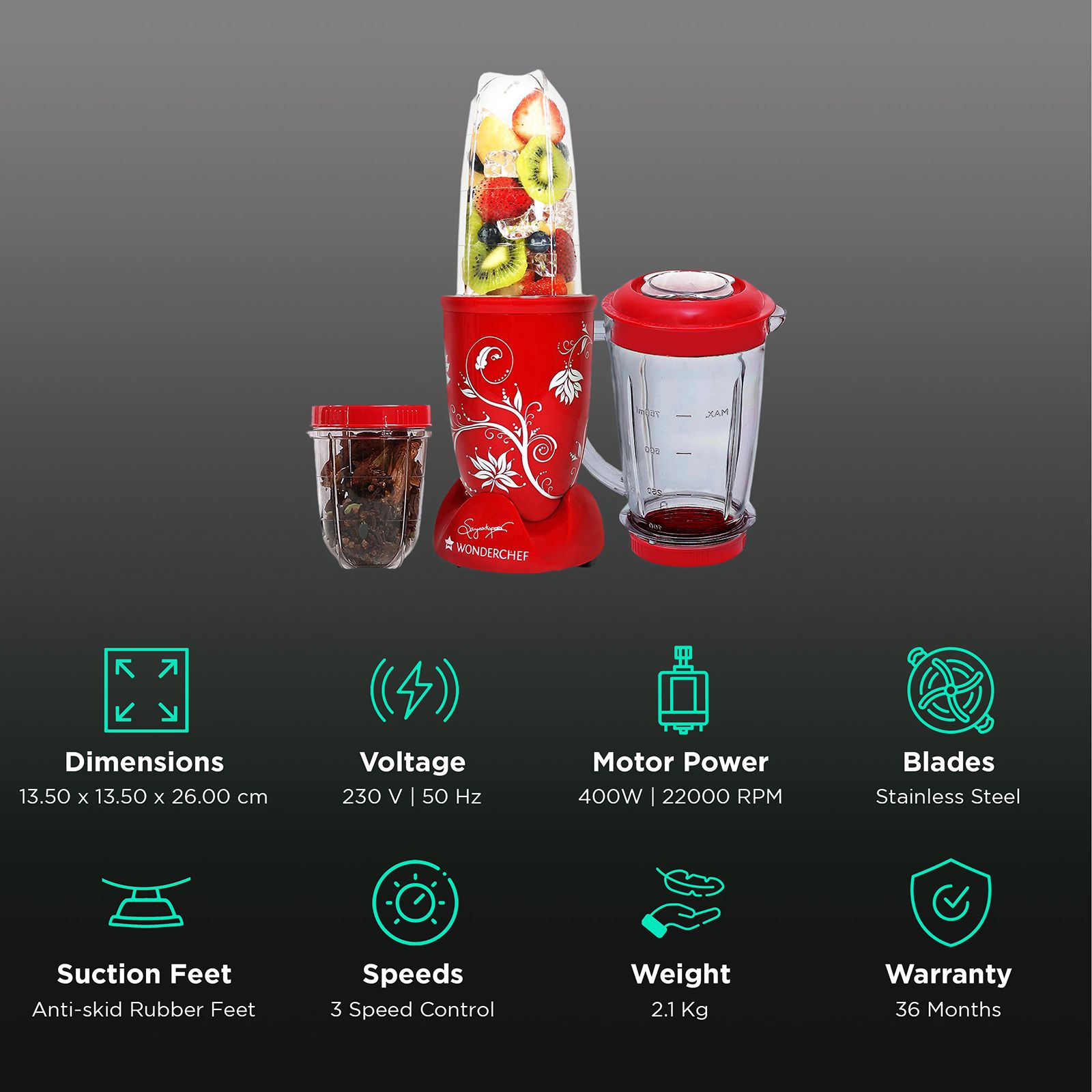 WONDERCHEF Nutri-Blend 400 Watt 3 Jars Mixer Grinder Blender (22000 RPM, Anti-Rust Blades, Red)_2