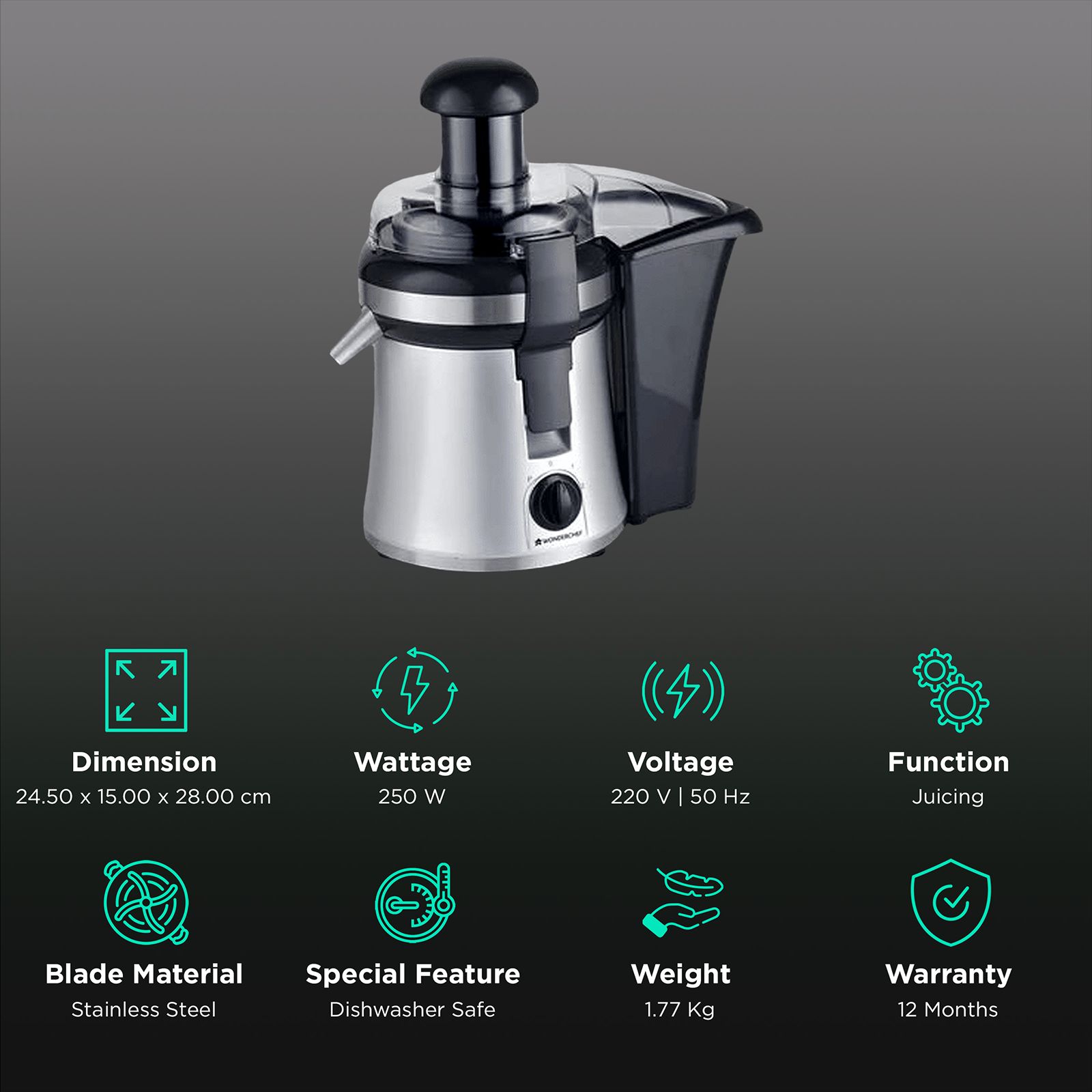 WONDERCHEF Prato 250 Watt 1 Jar Compact Juicer (Advance Copper Motor, Black/Silver) WONDERCHEF Prato 250 Watt 1 Jar Compact Juicer (Advance Copper Motor, Black/Silver)_2