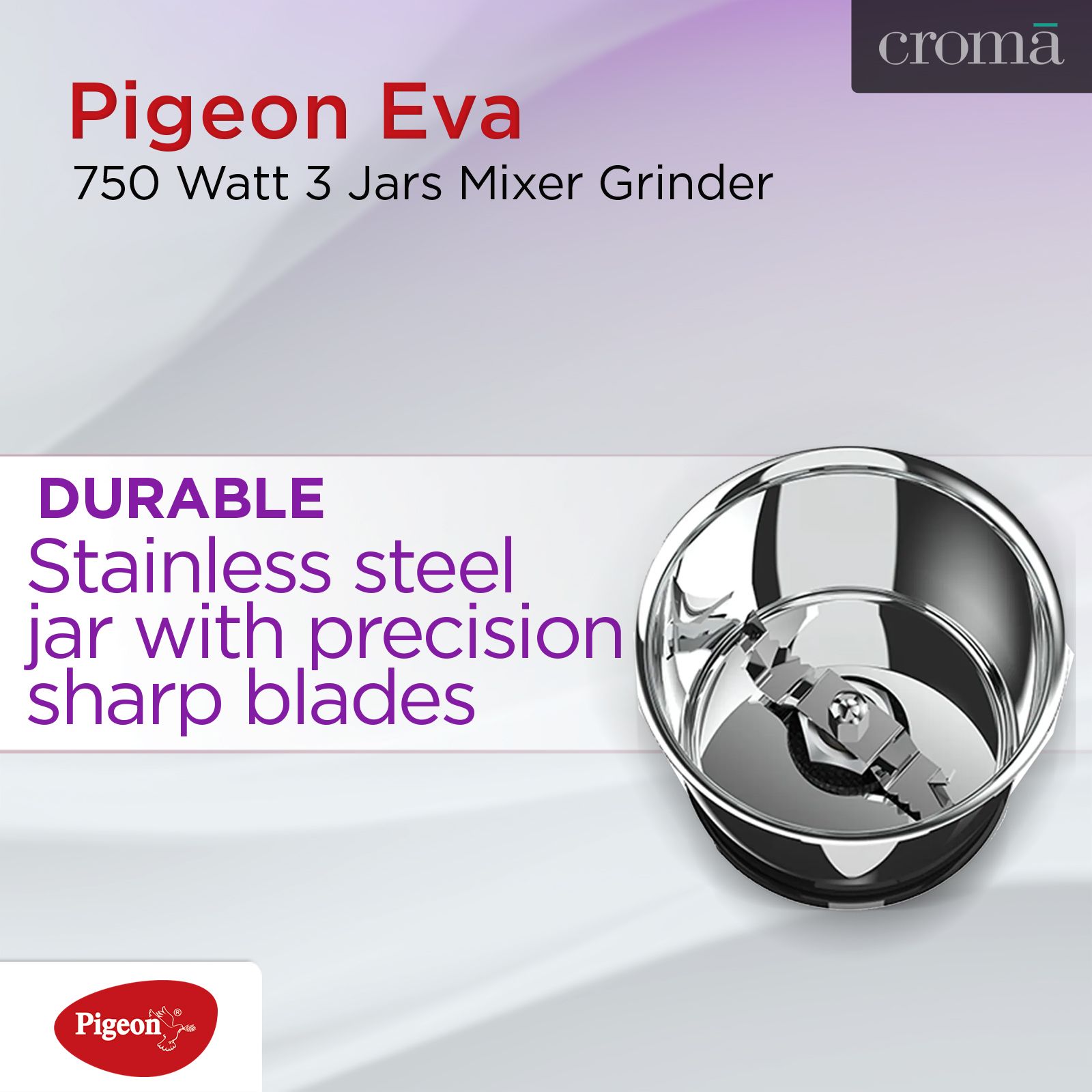 Pigeon Eva 750 Watt 3 Jars Mixer Grinder (Shock Proof Body, Purple) Pigeon Eva 750 Watt 3 Jars Mixer Grinder (Shock Proof Body, Purple)_7