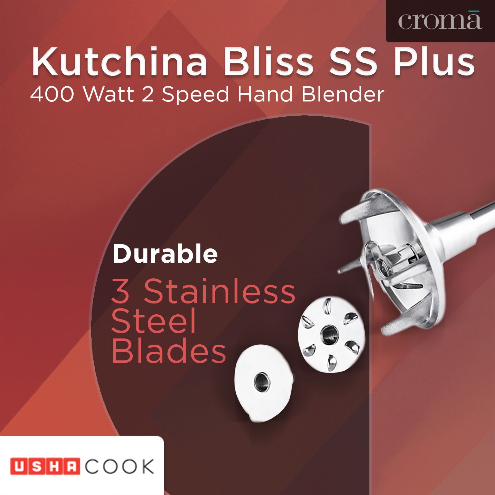 USHA Sure Blend 125 Watt 2 Speed Hand Blender with 3 Attachments (Shock Proof, Red/White)_15