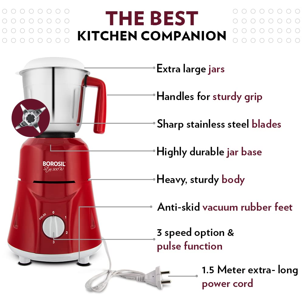 BOROSIL Star 500 Watt 3 Jars Mixer Grinder (20000 RPM, Pure Turbo motor, Maroon)_11