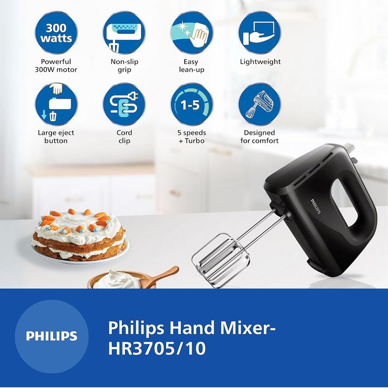 PHILIPS Daily Collection 300 Watt 5 Speed Hand Mixer with 4 Attachments (Non-Slip Grip, Black)_12