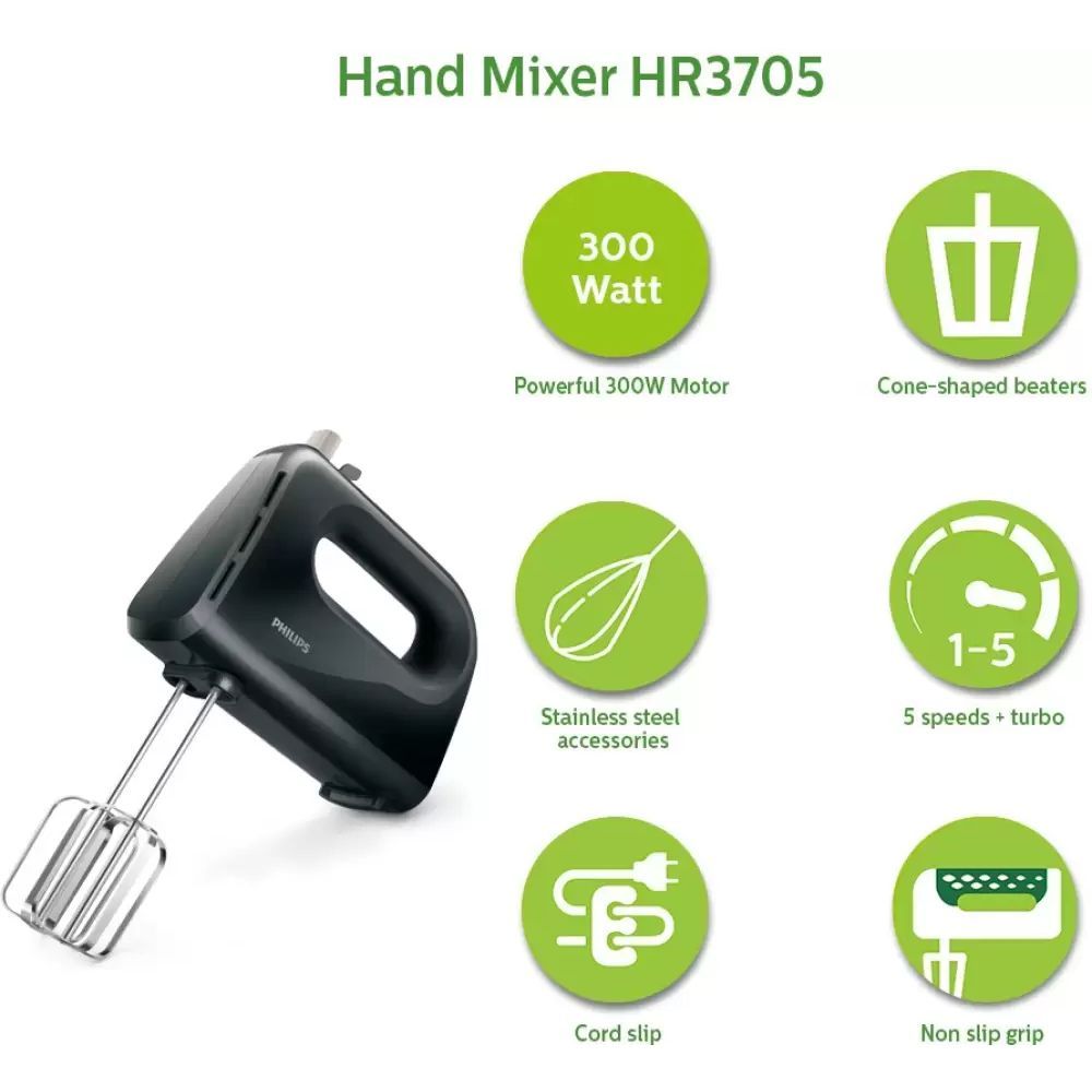 PHILIPS Daily Collection 300 Watt 5 Speed Hand Mixer with 4 Attachments (Non-Slip Grip, Black)_13