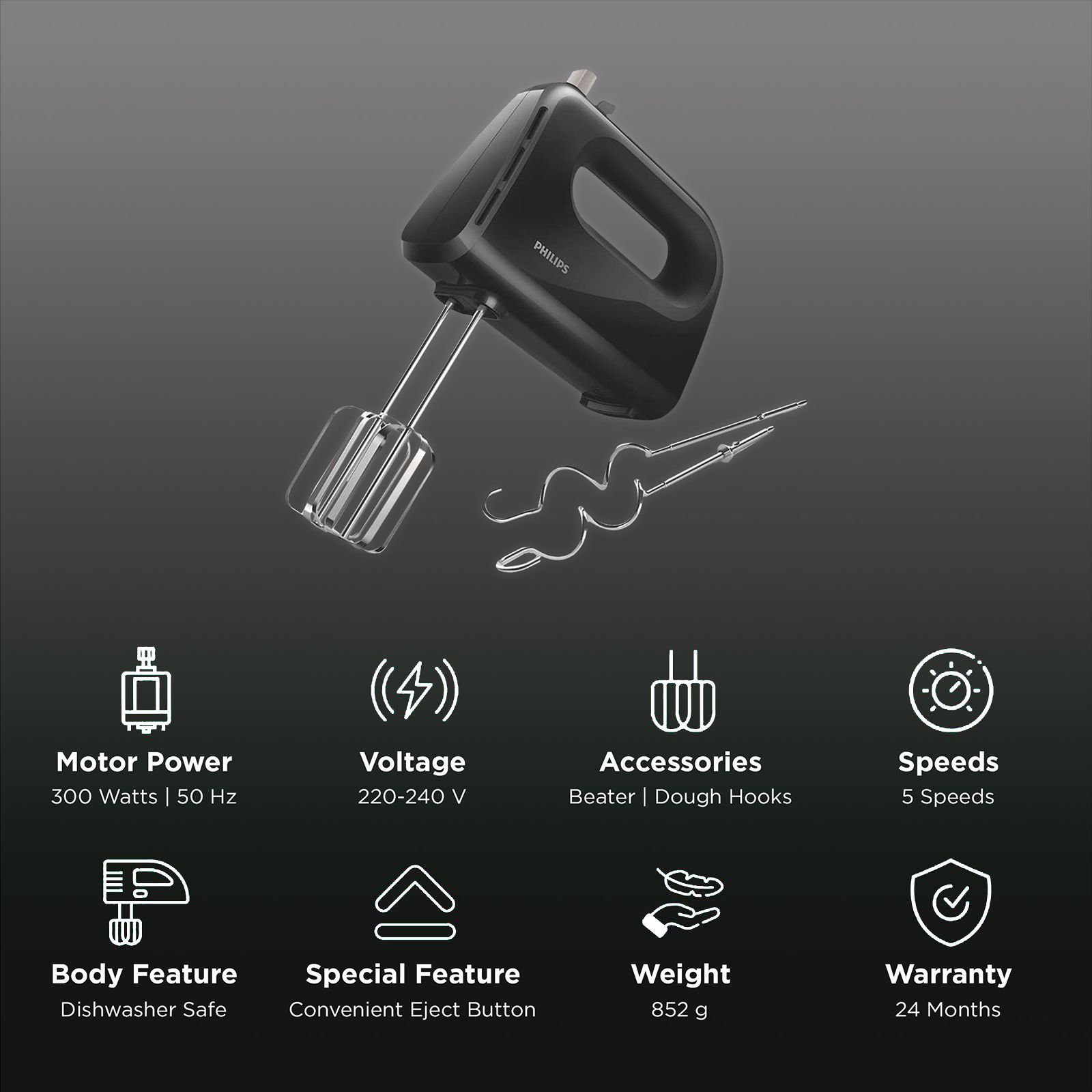 PHILIPS Daily Collection 300 Watt 5 Speed Hand Mixer with 4 Attachments (Non-Slip Grip, Black)_2