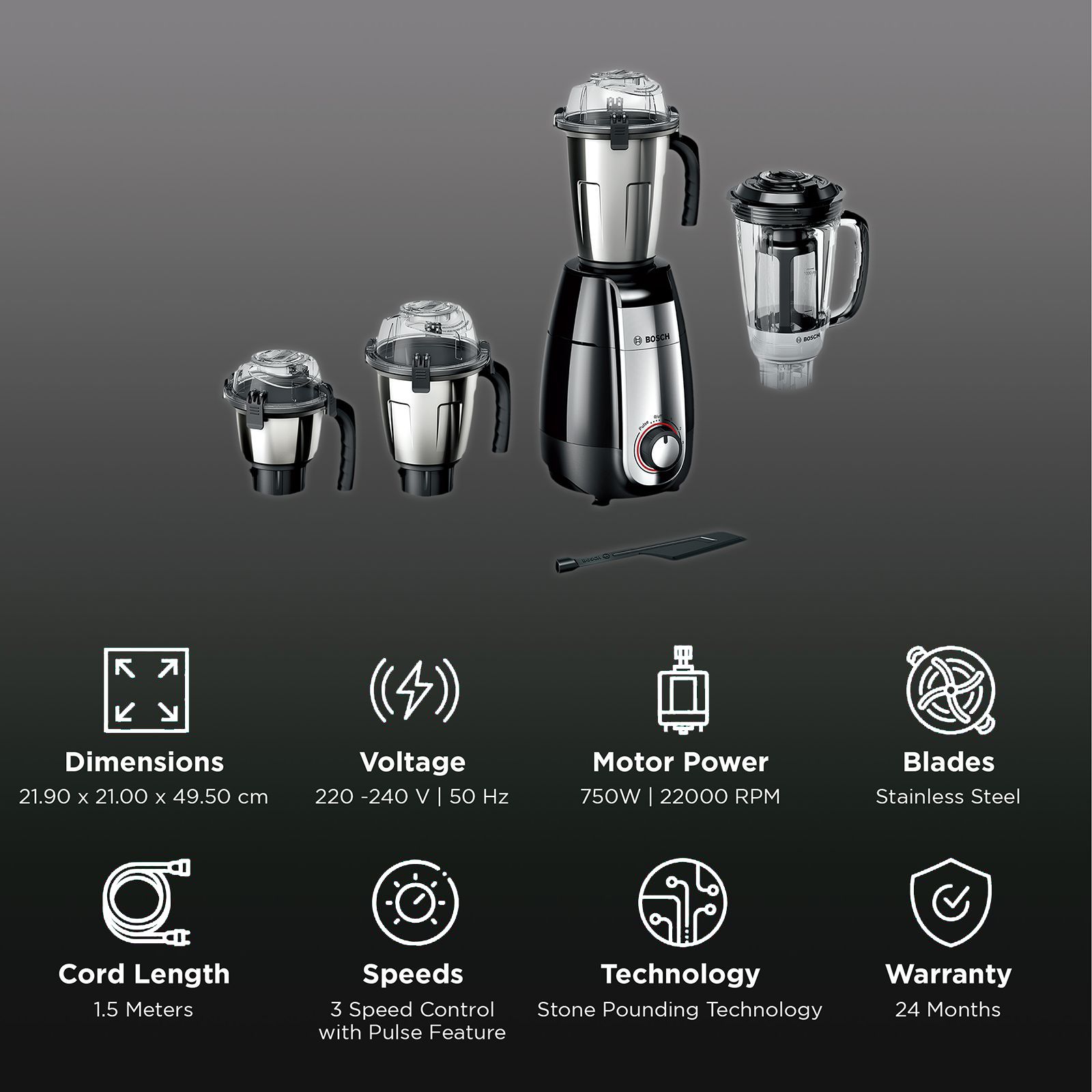 BOSCH TrueMixx Pro 750 Watt 4 Jars Mixer Grinder (22000 RPM, HiFlux Motor, Black) BOSCH TrueMixx Pro 750 Watt 4 Jars Mixer Grinder (22000 RPM, HiFlux Motor, Black)_2