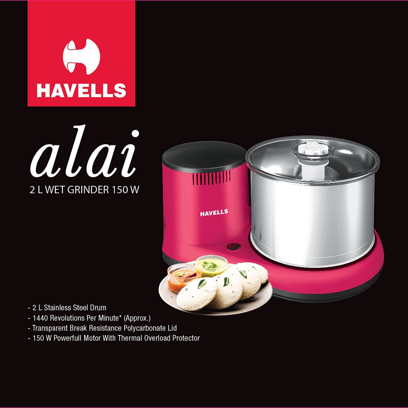 HAVELLS Alai 2 Litres 2 Stones Wet Grinder with Coconut Scrapper (Thermal Overload Protection, Pink)_8