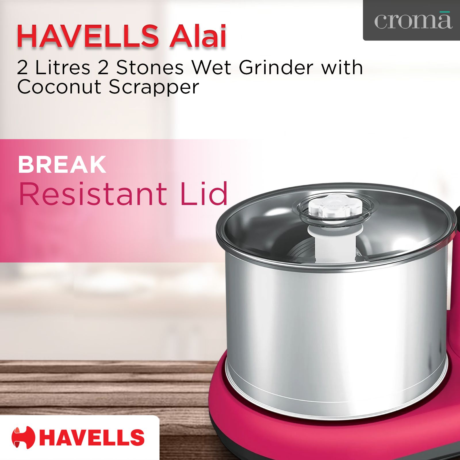 HAVELLS Alai 2 Litres 2 Stones Wet Grinder with Coconut Scrapper (Thermal Overload Protection, Pink)_12