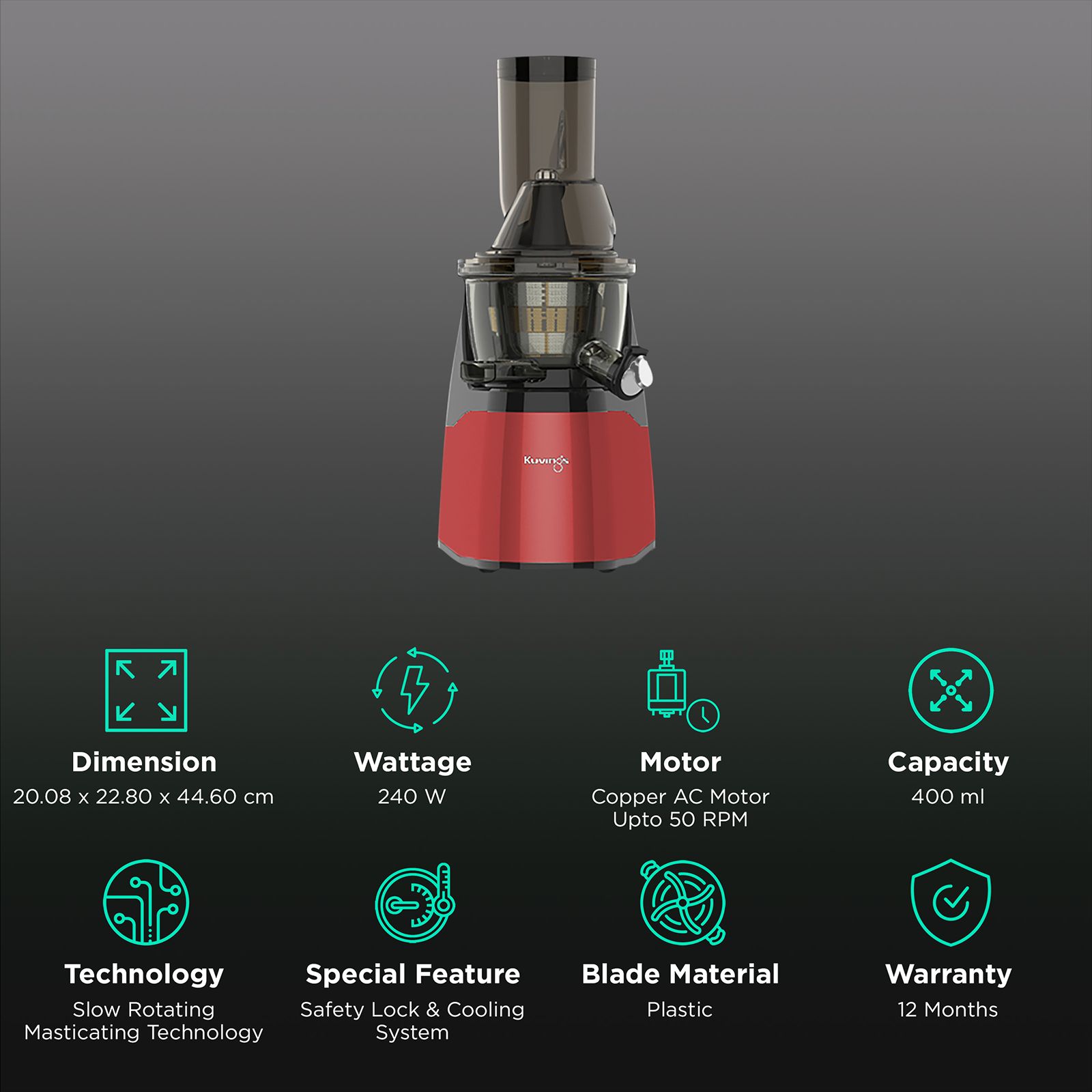Kuvings EVO700 240 Watt 1 Jar Cold Press Slow Juicer (50 RPM, 3-in-1 Multi Function, Red) Kuvings EVO700 240 Watt 1 Jar Cold Press Slow Juicer (50 RPM, 3-in-1 Multi Function, Red)_2