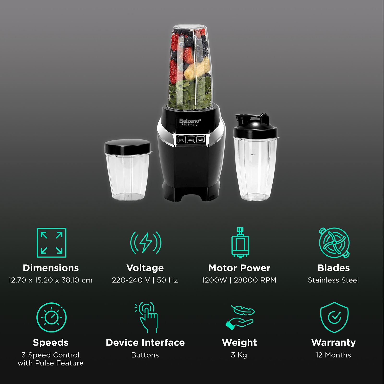 Balzano 1200 Watt 3 Jars Blender (28000 RPM, High Speed Operation, Black)_2