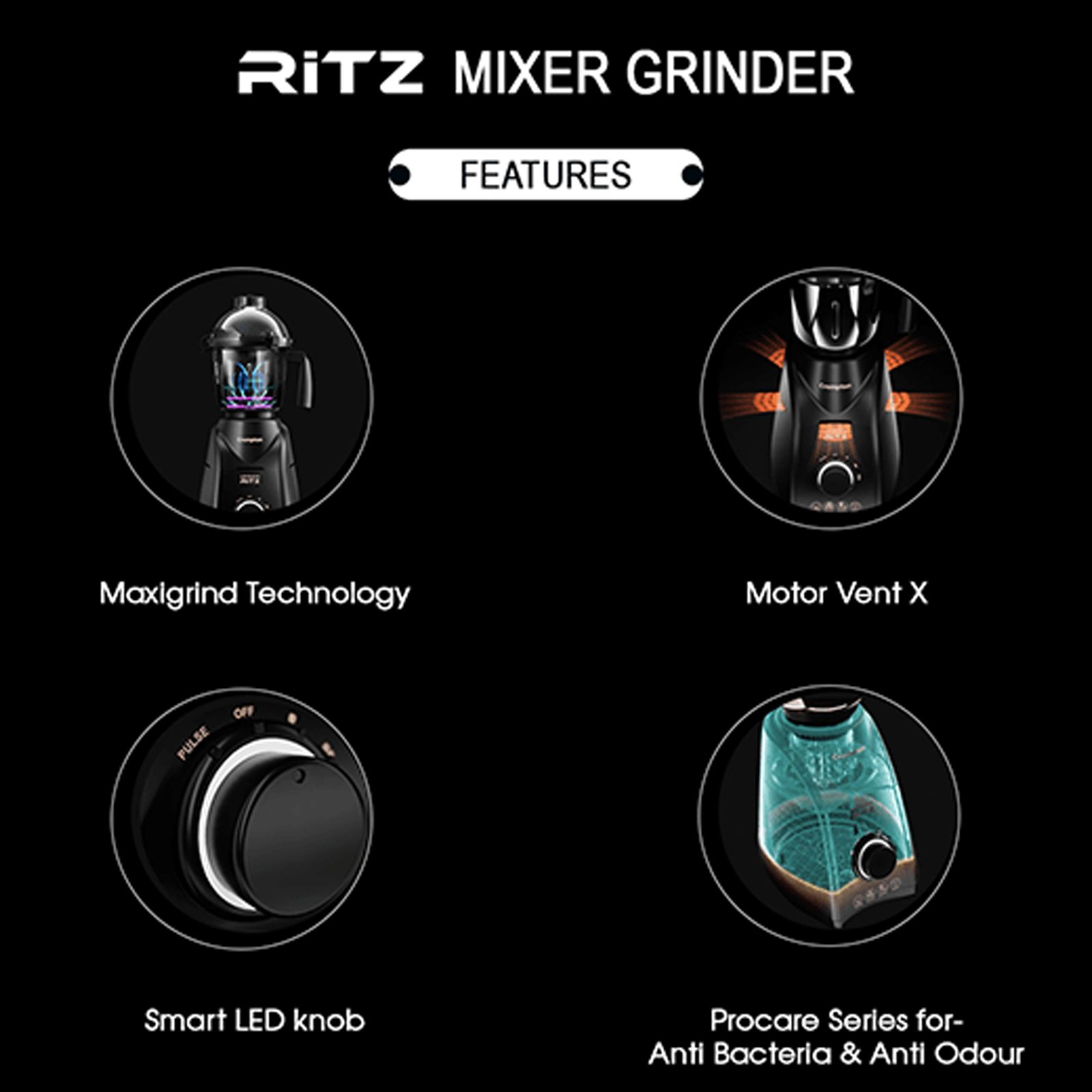 Crompton Ritz 750 Watt 3 Jars Mixer Grinder (MaxiGrind Technology, Black) Crompton Ritz 750 Watt 3 Jars Mixer Grinder (MaxiGrind Technology, Black)_9