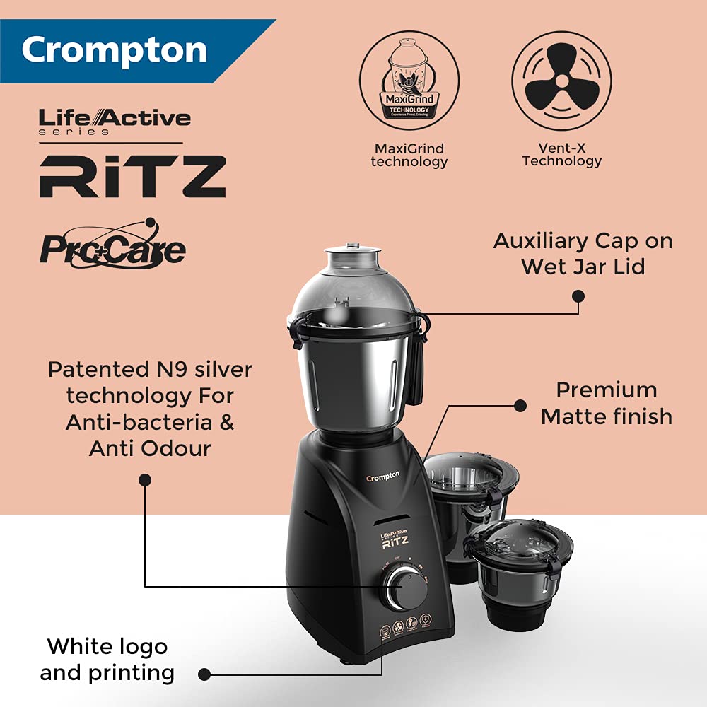 Crompton Ritz 750 Watt 3 Jars Mixer Grinder (MaxiGrind Technology, Black) Crompton Ritz 750 Watt 3 Jars Mixer Grinder (MaxiGrind Technology, Black)_10