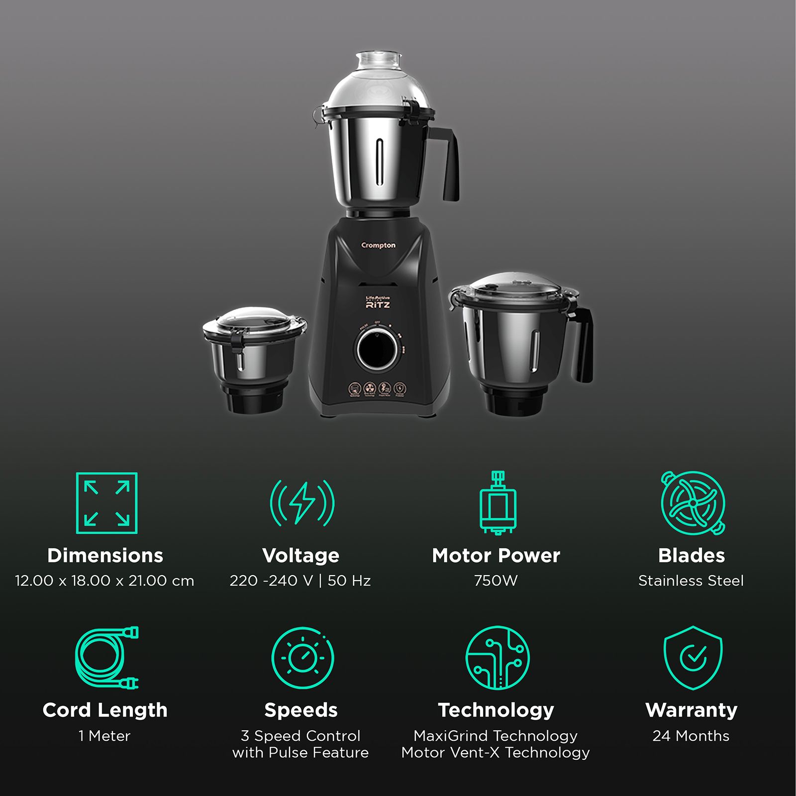 Crompton Ritz 750 Watt 3 Jars Mixer Grinder (MaxiGrind Technology, Black) Crompton Ritz 750 Watt 3 Jars Mixer Grinder (MaxiGrind Technology, Black)_2