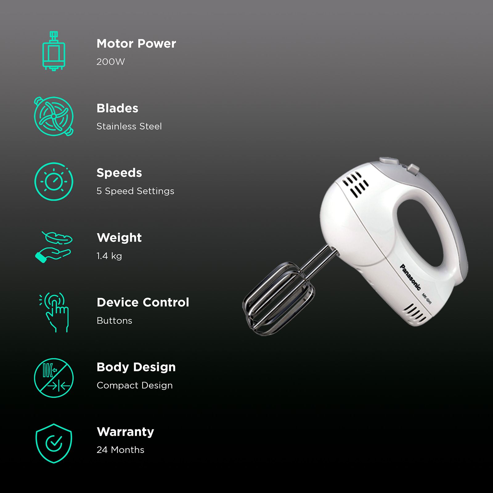 Panasonic MK-GH1 200 Watt 5 Speed Hand Blender with 2 Attachments (2 Attachments, 5 Speed Settings, MK-GH1, White)_2