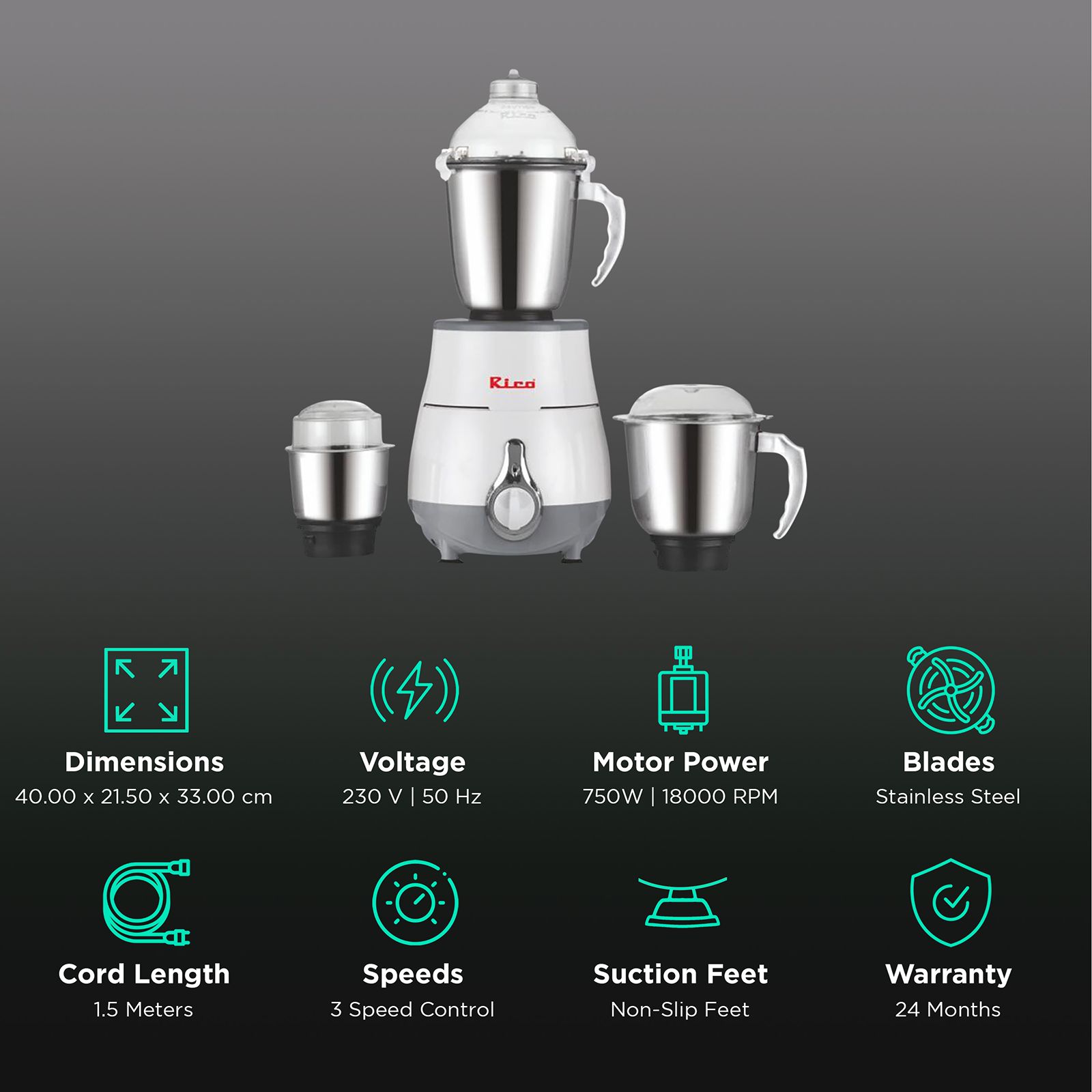 Rico 750 Watt 3 Jars Mixer Grinder (18000 RPM, Overload Protection, White)_2