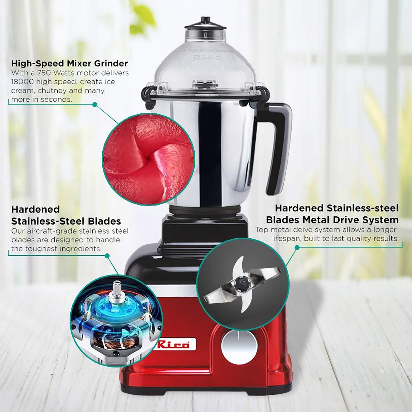 Rico MG1808 750 Watt 3 Jars Mixer Grinder (18000 RPM, 3 Speed Control with Whip Option, Red)_7