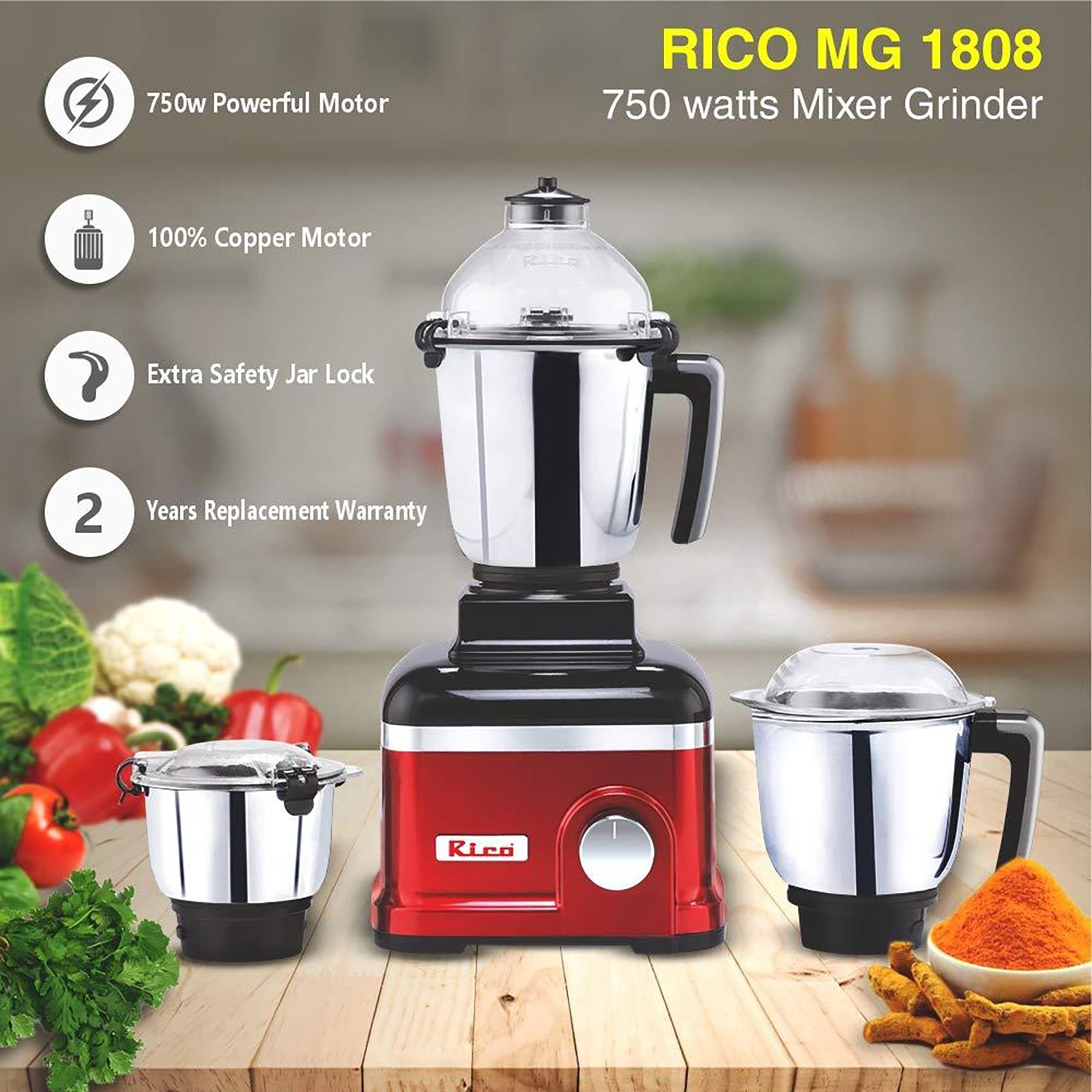 Rico MG1808 750 Watt 3 Jars Mixer Grinder (18000 RPM, 3 Speed Control with Whip Option, Red)_9