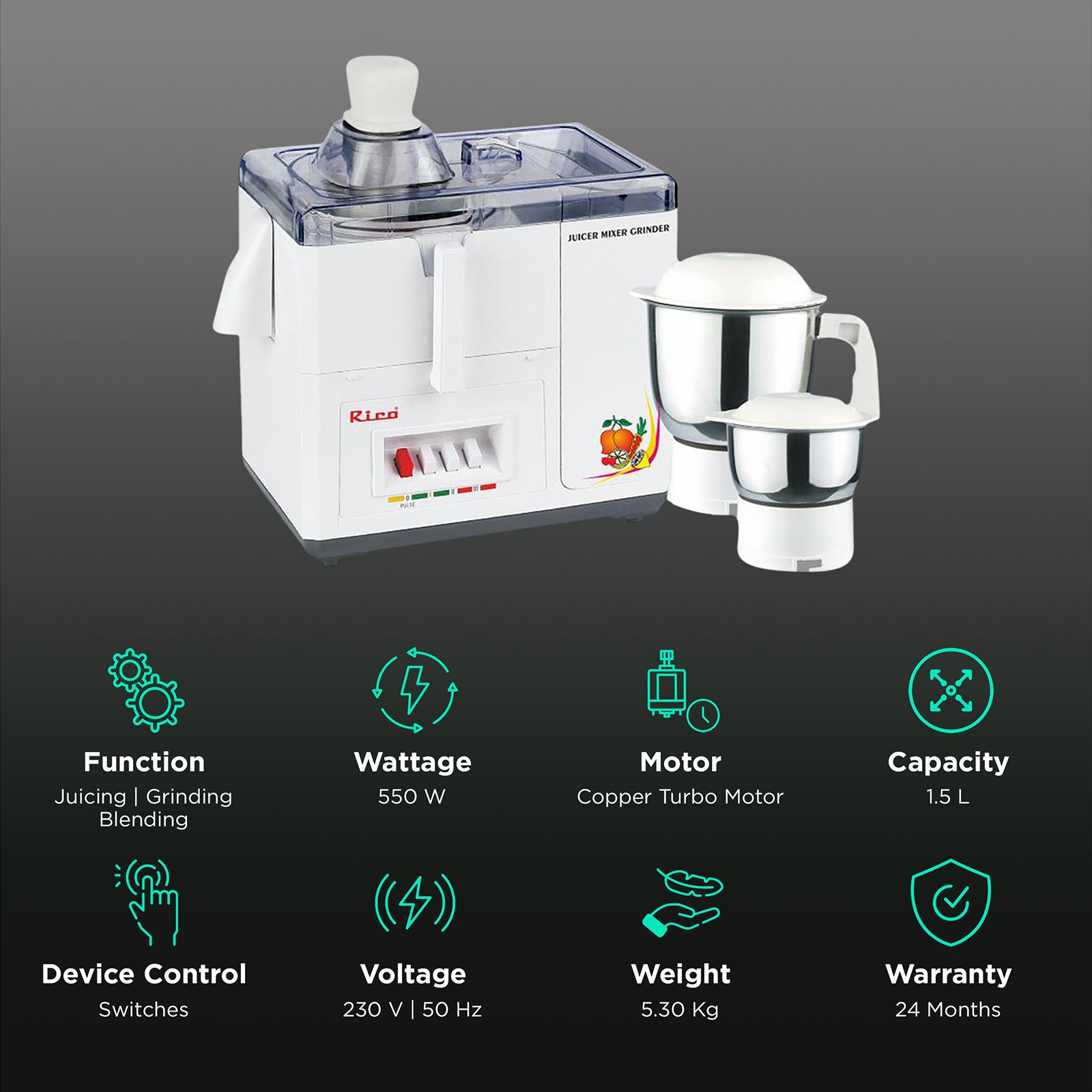 Rico 550 Watt 2 Jars Juicer Mixer Grinder (18000 RPM, Super Powerful Motor, White)_2