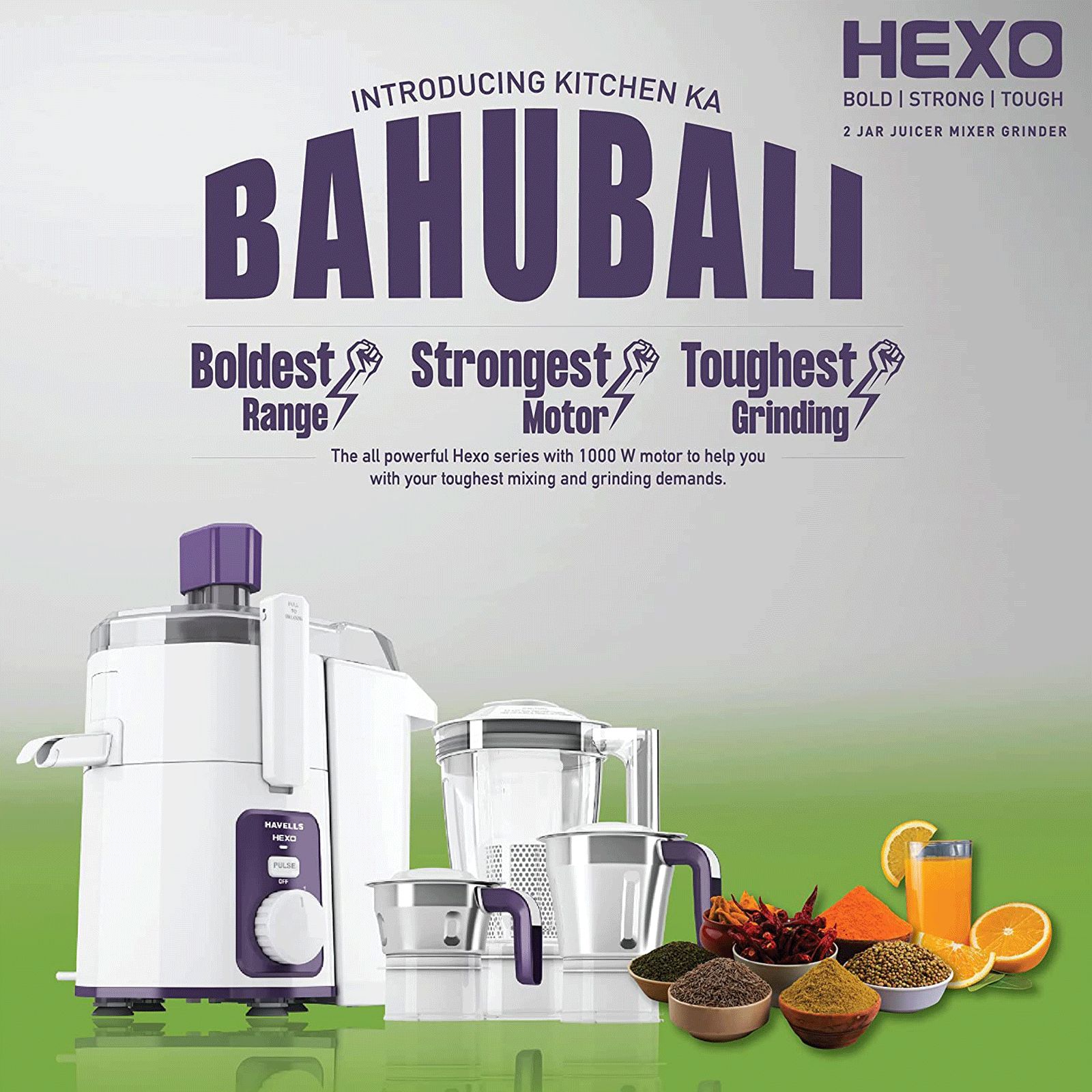 HAVELLS Hexo 1000 Watt 3 Jars Juicer Mixer Grinder (22000 RPM, ACS Technology, White/Purple) HAVELLS Hexo 1000 Watt 3 Jars Juicer Mixer Grinder (22000 RPM, ACS Technology, White/Purple)_10