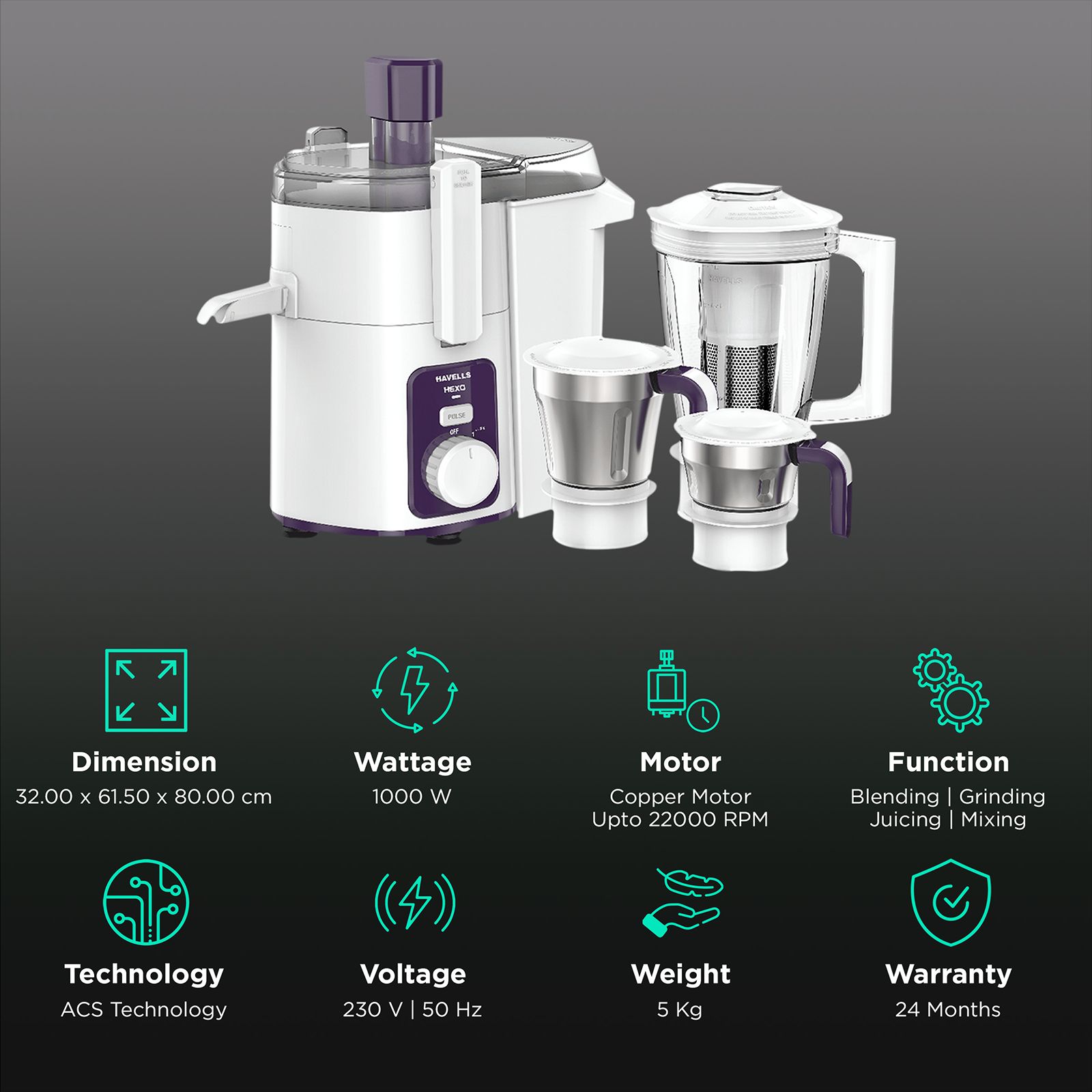 HAVELLS Hexo 1000 Watt 3 Jars Juicer Mixer Grinder (22000 RPM, ACS Technology, White/Purple) HAVELLS Hexo 1000 Watt 3 Jars Juicer Mixer Grinder (22000 RPM, ACS Technology, White/Purple)_2