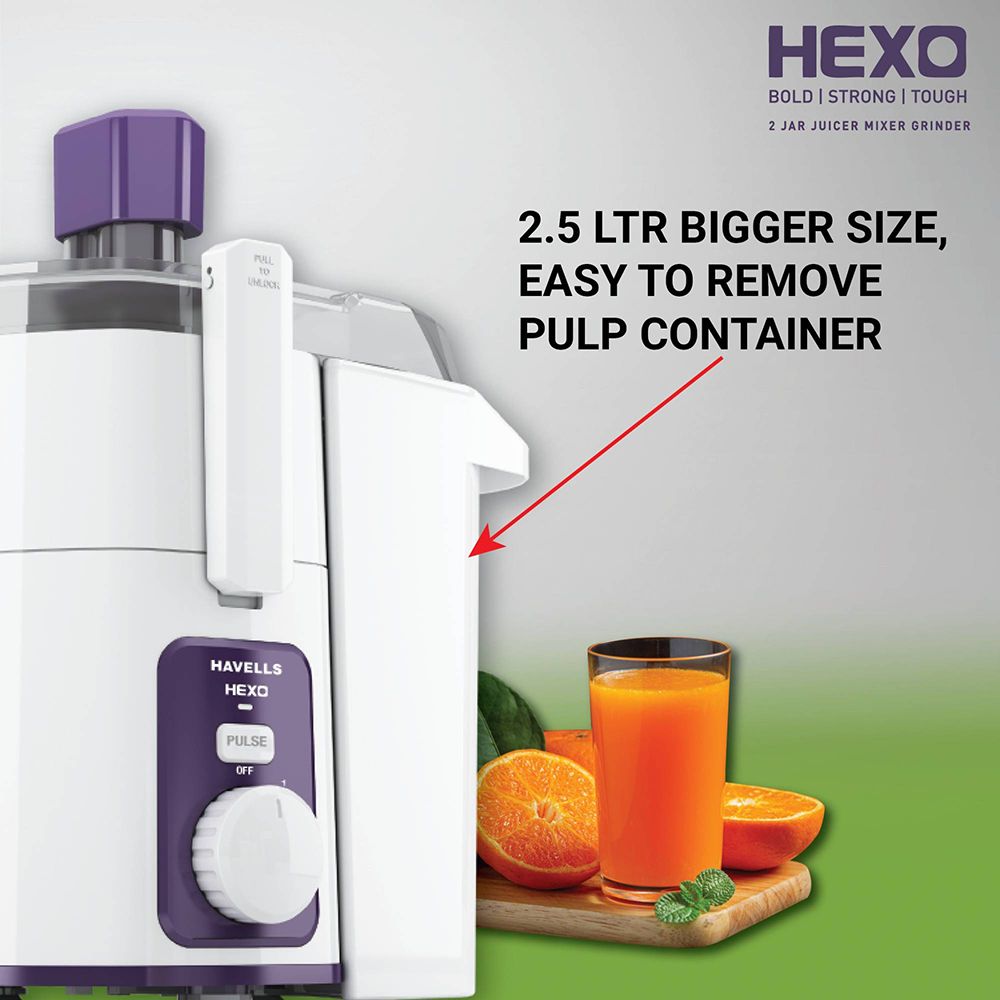 HAVELLS Hexo 1000 Watt 3 Jars Juicer Mixer Grinder (22000 RPM, ACS Technology, White/Purple) HAVELLS Hexo 1000 Watt 3 Jars Juicer Mixer Grinder (22000 RPM, ACS Technology, White/Purple)_4