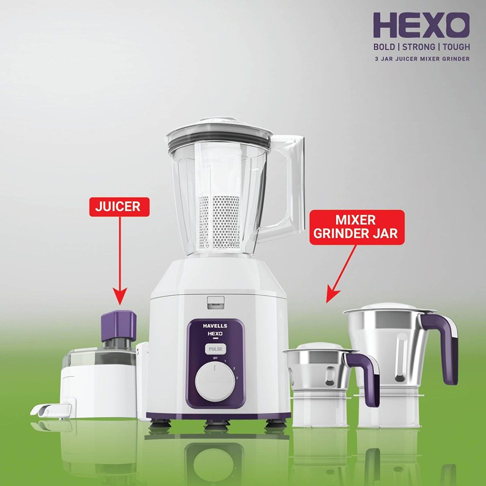 HAVELLS Hexo 1000 Watt 3 Jars Juicer Mixer Grinder (22000 RPM, ACS Technology, White/Purple) HAVELLS Hexo 1000 Watt 3 Jars Juicer Mixer Grinder (22000 RPM, ACS Technology, White/Purple)_5