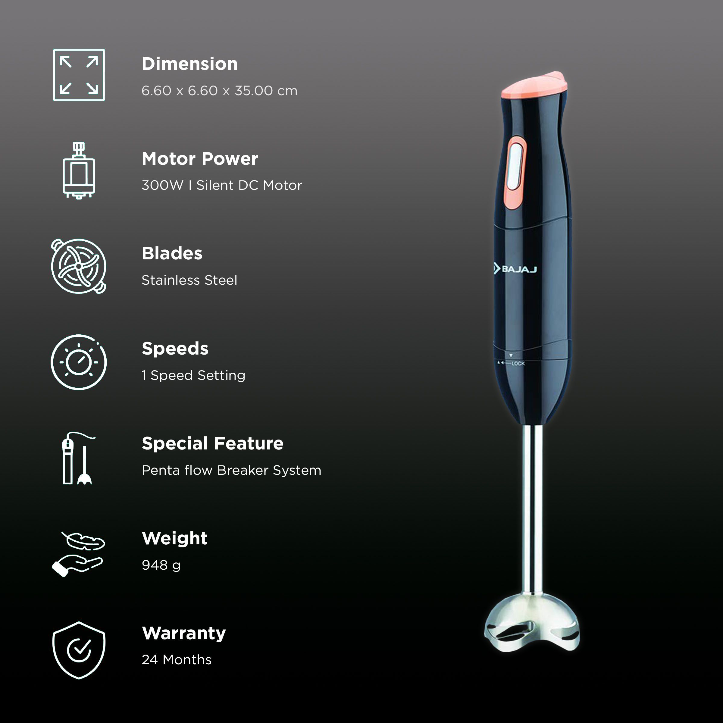 BAJAJ HB 21 300 Watt Hand Blender (Silent DC Motor, Black)_2