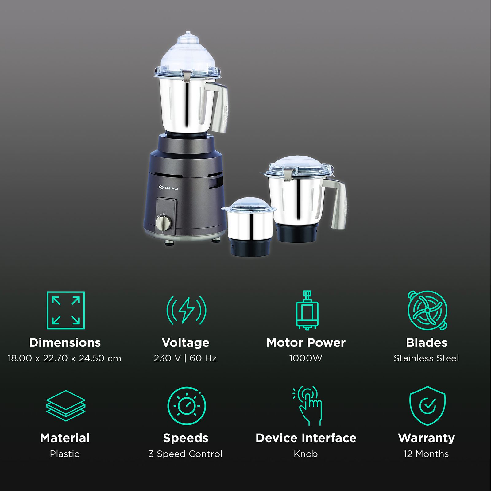 BAJAJ Herculo 1000 Watt 3 Jars Mixer Grinder (Nutri Pro Feature, Coffee Brown)_2