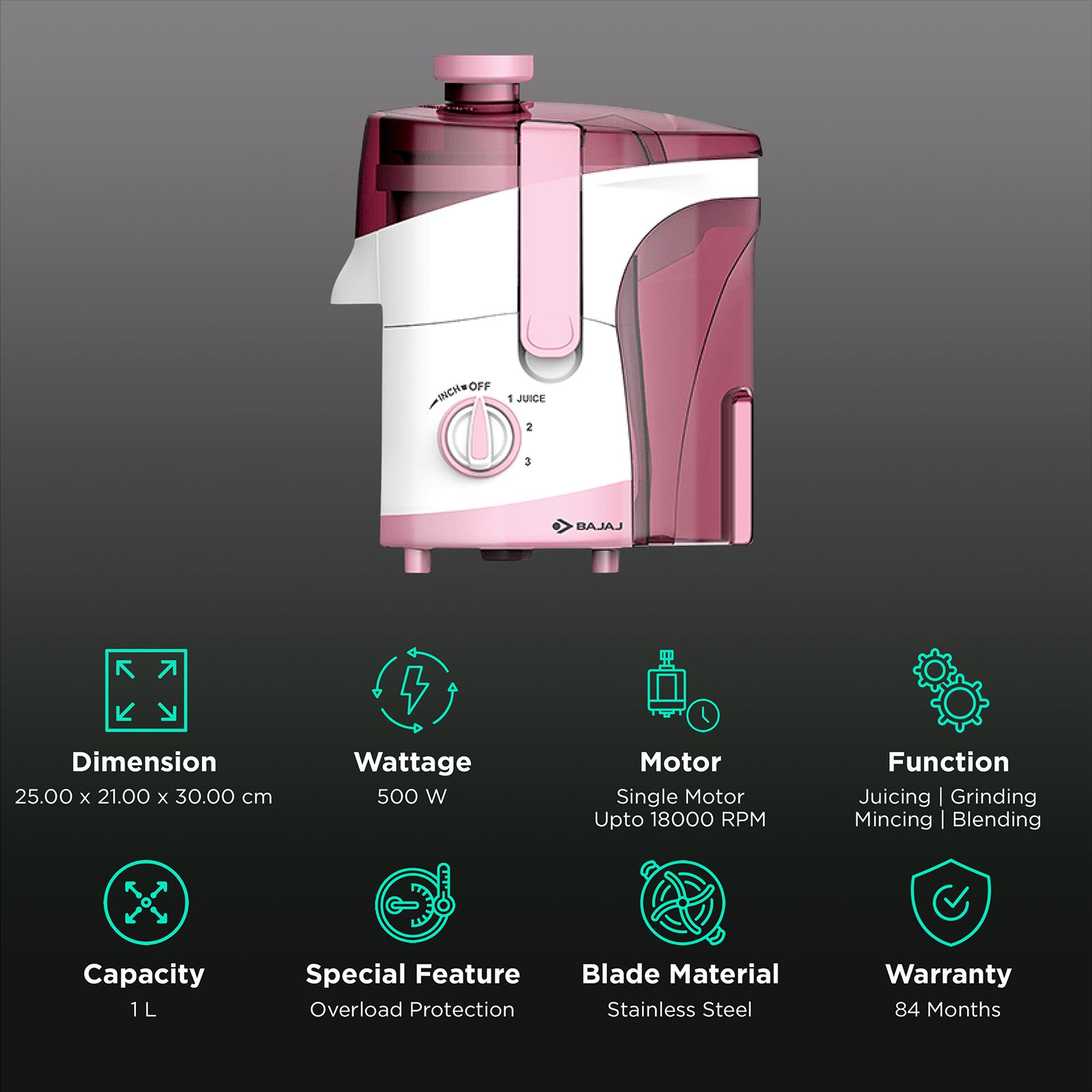BAJAJ JX 30 500 Watt 3 Jars Juicer Mixer Grinder (18000 RPM, ISI Approved, White/Pink)_2