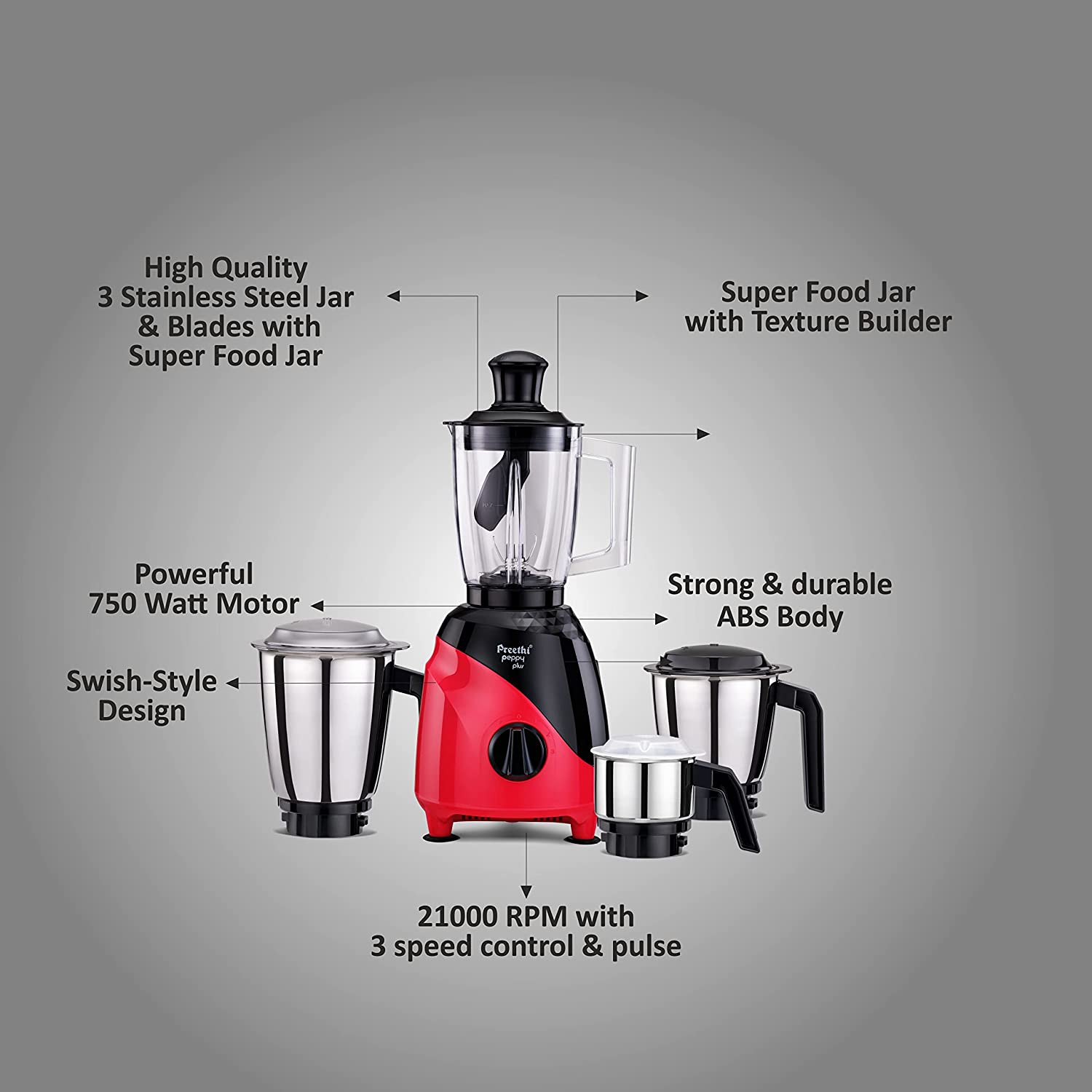 Preethi Peppy Plus 750 Watt 4 Jars Mixer Grinder (21000 RPM, Motor Cooling Booster Technology, Red & Black) Preethi Peppy Plus 750 Watt 4 Jars Mixer Grinder (21000 RPM, Motor Cooling Booster Technology, Red & Black)_10