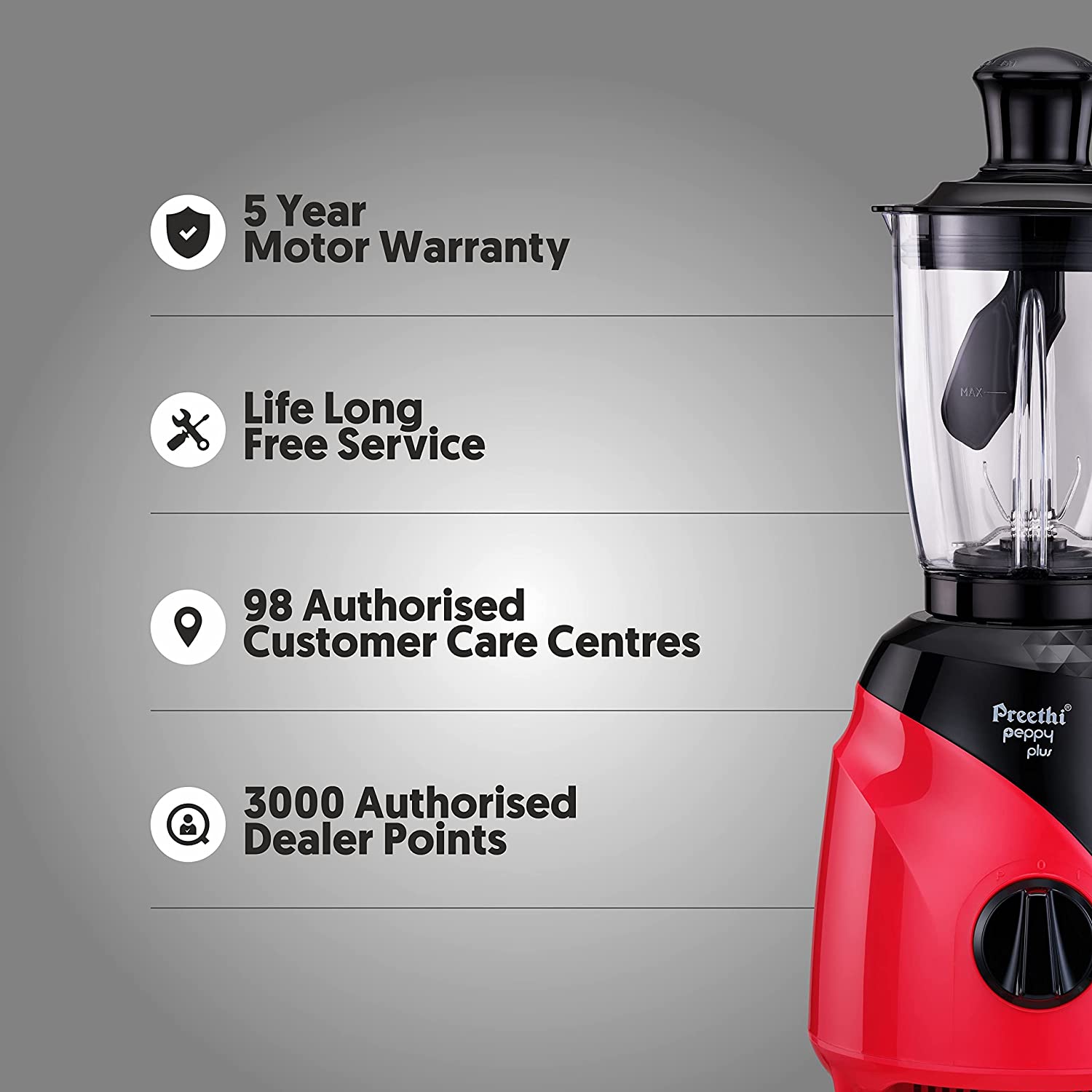 Preethi Peppy Plus 750 Watt 4 Jars Mixer Grinder (21000 RPM, Motor Cooling Booster Technology, Red & Black) Preethi Peppy Plus 750 Watt 4 Jars Mixer Grinder (21000 RPM, Motor Cooling Booster Technology, Red & Black)_11