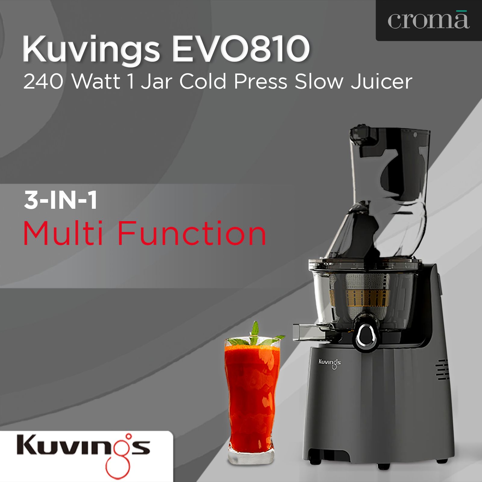 Kuvings EVO810 240 Watt 1 Jar Cold Press Slow Juicer (50 RPM, 3-in-1 Multi Function, Gun Metal)_12