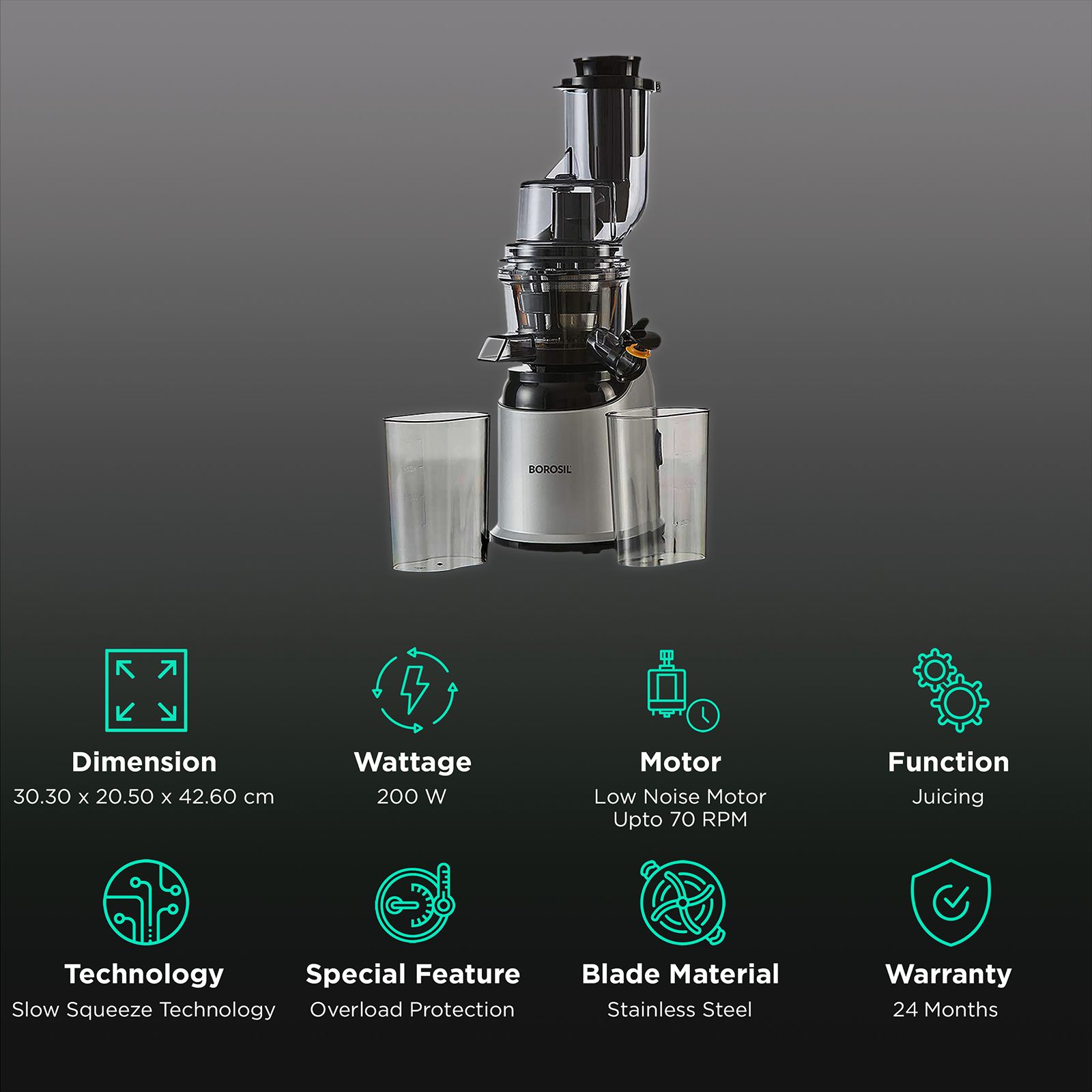 BOROSIL HealthPro 200 Watt Cold Press Slow Juicer (70 RPM, Slow Squeeze Technology, Black/Silver)_2