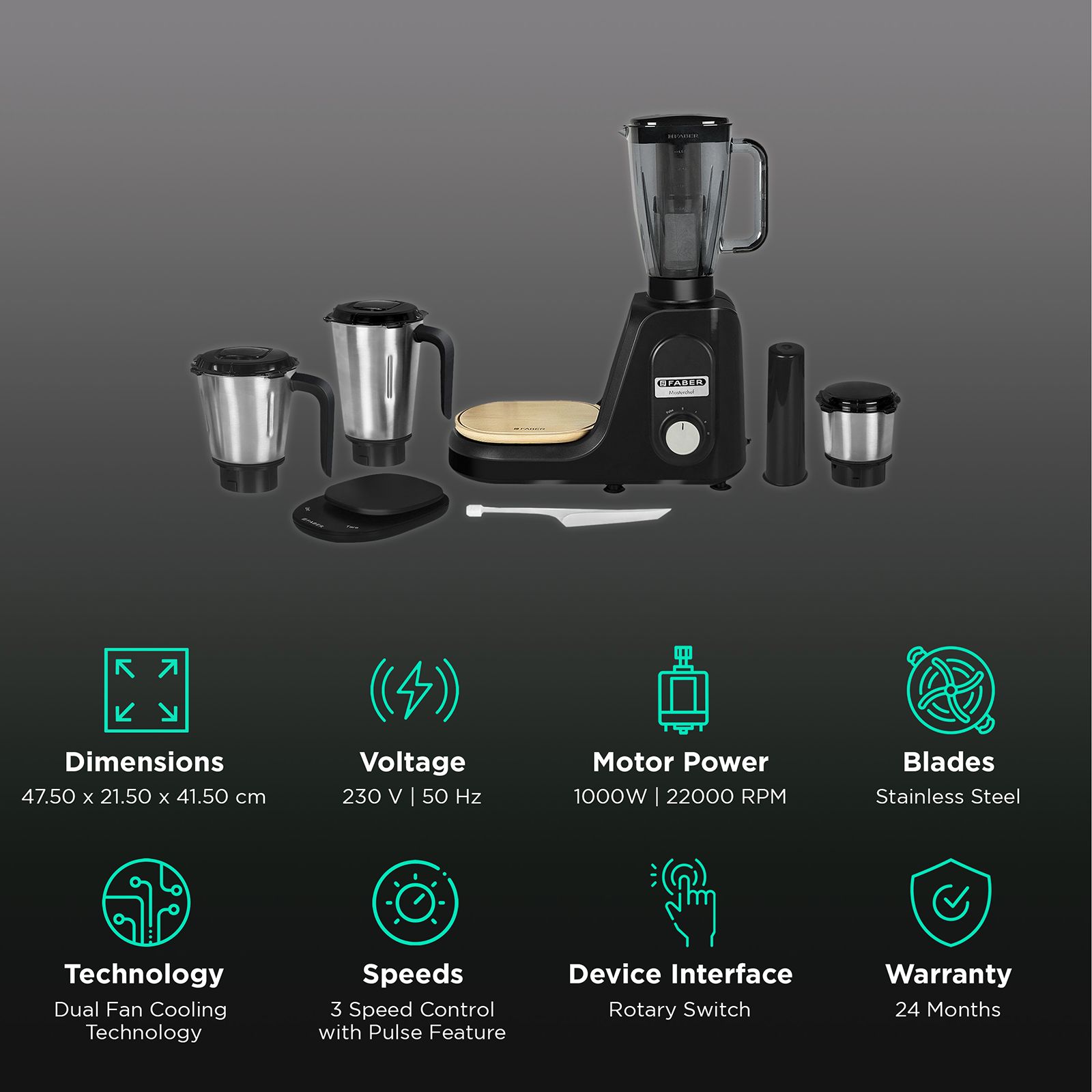 FABER Master Chef 1000 Watt 4 Jars Juicer Mixer Grinder (22000 RPM, Dual Fan Cooling, Black)_2