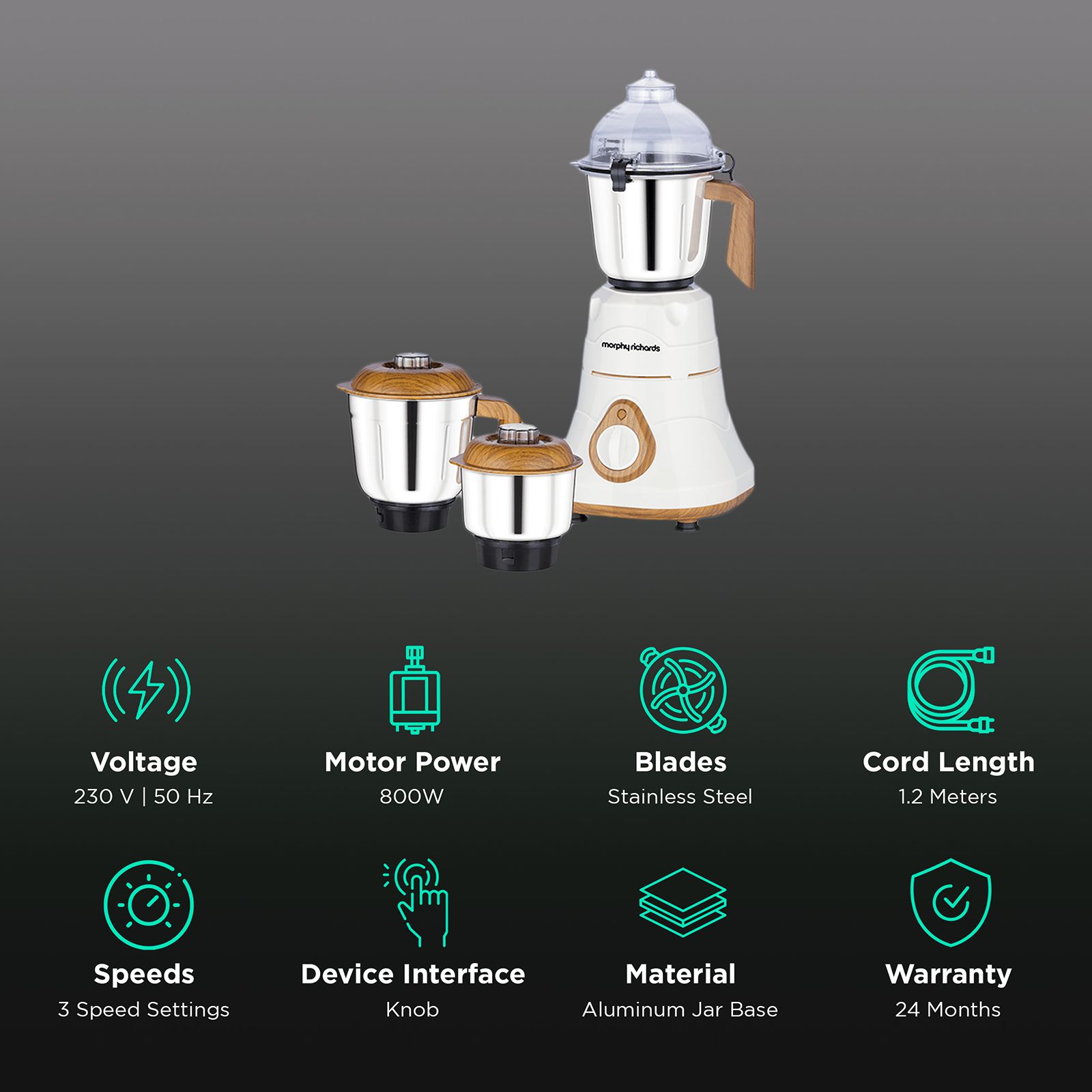 morphy richards Brut 800 Watts 3 Jars Mixer Grinder (Silicon Gaskets, 640110, Wood Finish with Parker White) morphy richards Brut 800 Watts 3 Jars Mixer Grinder (Silicon Gaskets, 640110, Wood Finish with Parker White)_2