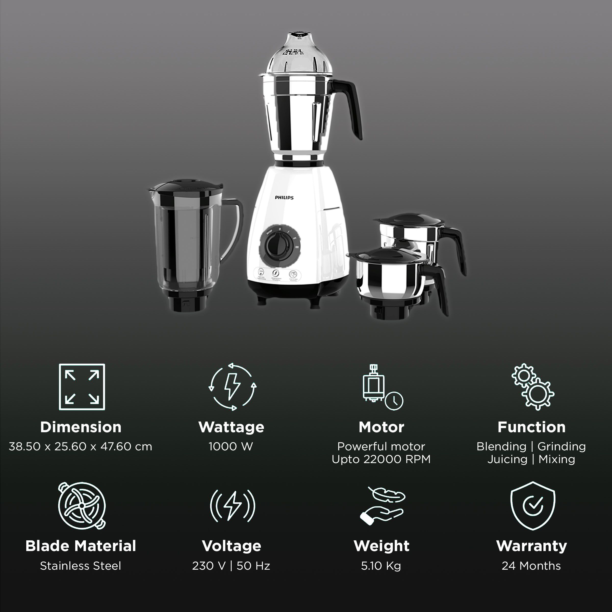 PHILIPS 1000 Watt 4 Jars Juicer Mixer Grinder (22000 RPM, Rotary Knob Control, Black/White) PHILIPS 1000 Watt 4 Jars Juicer Mixer Grinder (22000 RPM, Rotary Knob Control, Black/White)_2